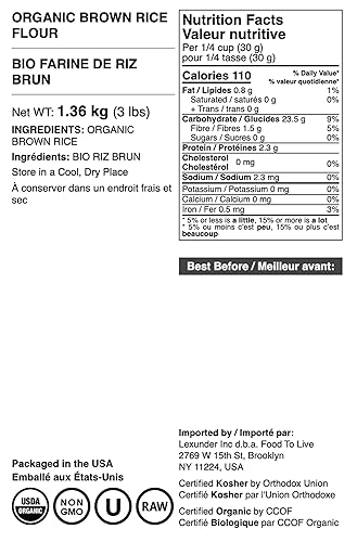 Miniatura 3 de Harina de arroz integral orgánica, 3 libras, sin OMG, finamente molida a partir de arroz de grano largo, sin blanquear, sin tratar, comida vegana,