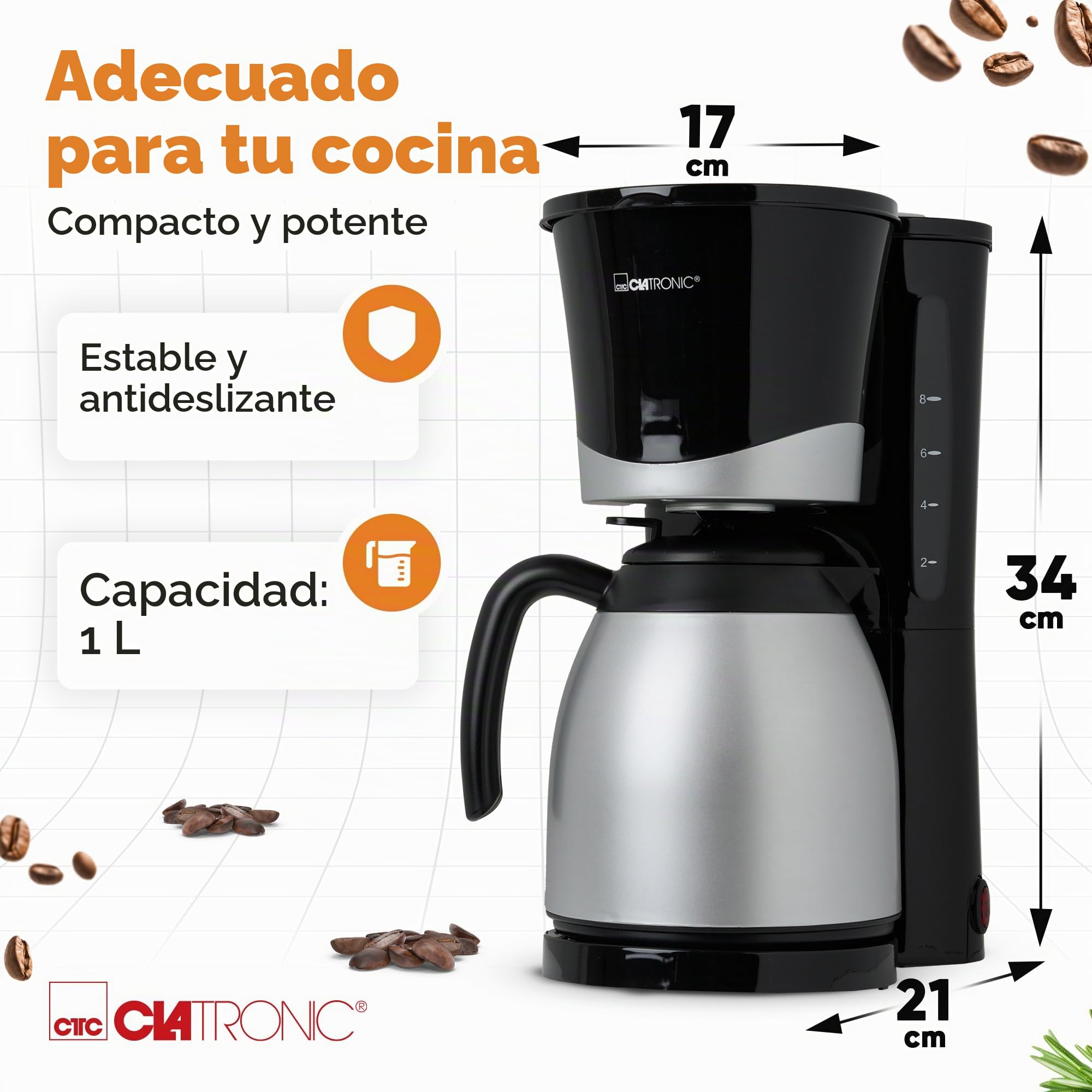 Clatronic Cafetera para 8-10 tazas de café de filtro, con jarra térmica, sistema antigoteo y desconexión automática, filtro extraíble, indicador de nivel de agua aproximativo 1 litro, KA 3327 negro