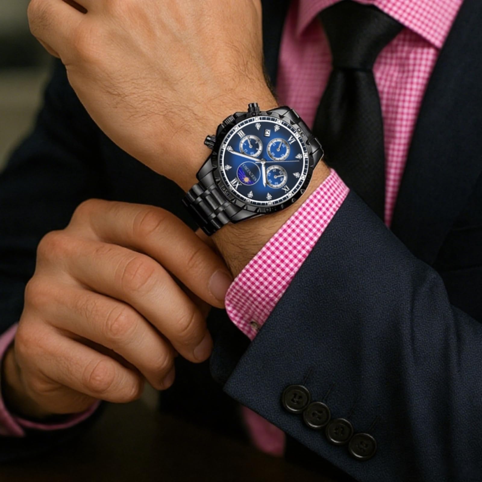 Orologi da uomo di lusso, in acciaio inox, cronografo, al quarzo, impermeabile, con fasi lunari e quadrante romano luminoso, alla moda, ideale come regalo per compleanno, anniversario o