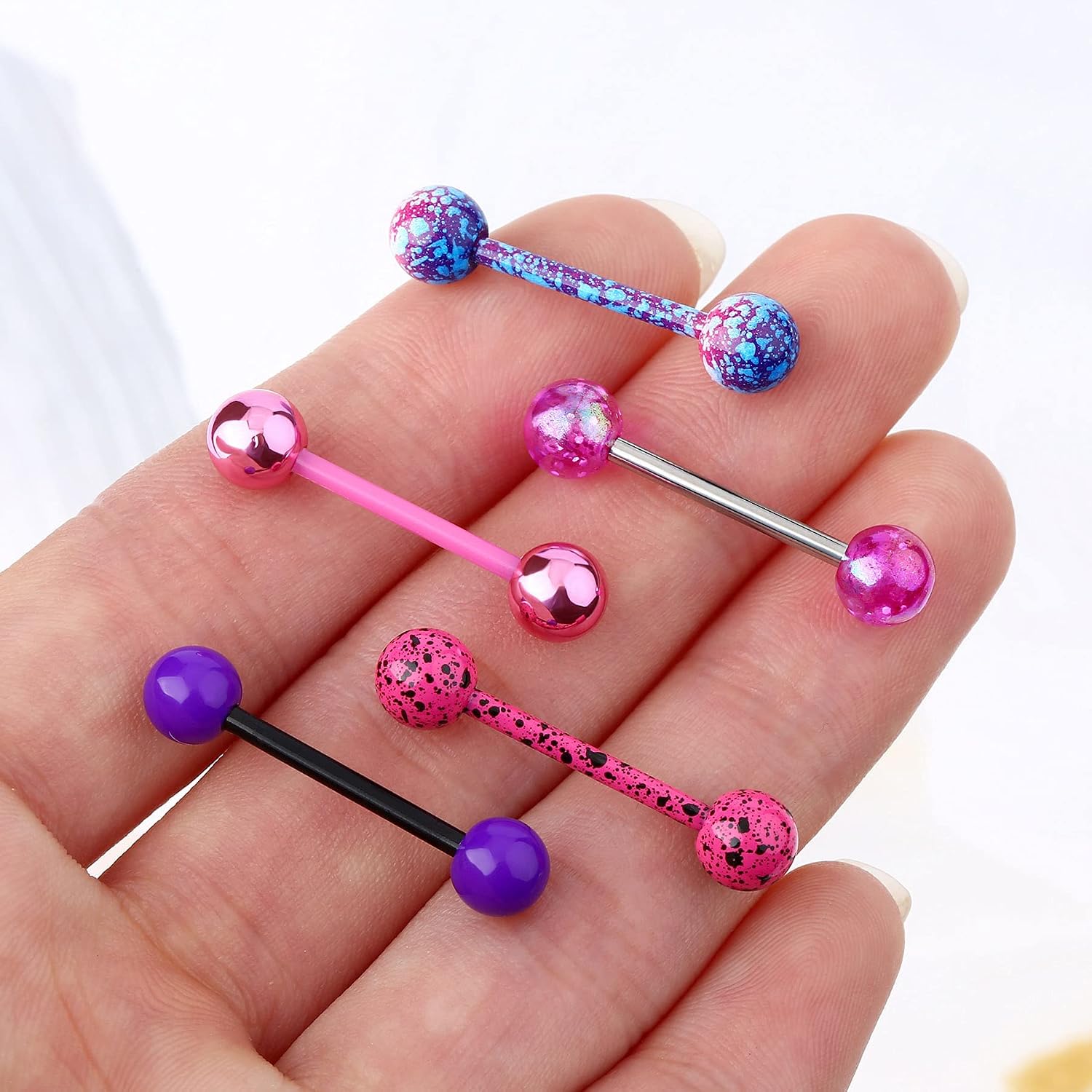 Jewseen 5PCS Pink Purple Acrylic Balls Tongue Barbell Splatter 316L Stainless Steel Bar Tongue Rings Piercing