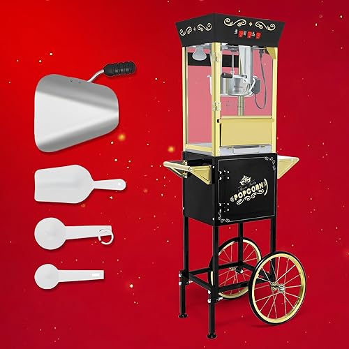 Miniatura 4 de Máquina de palomitas de maíz de 12 onzas con carrito, máquina de palomitas vintage con soporte, ruedas, hervidor de acero inoxidable, cajón de