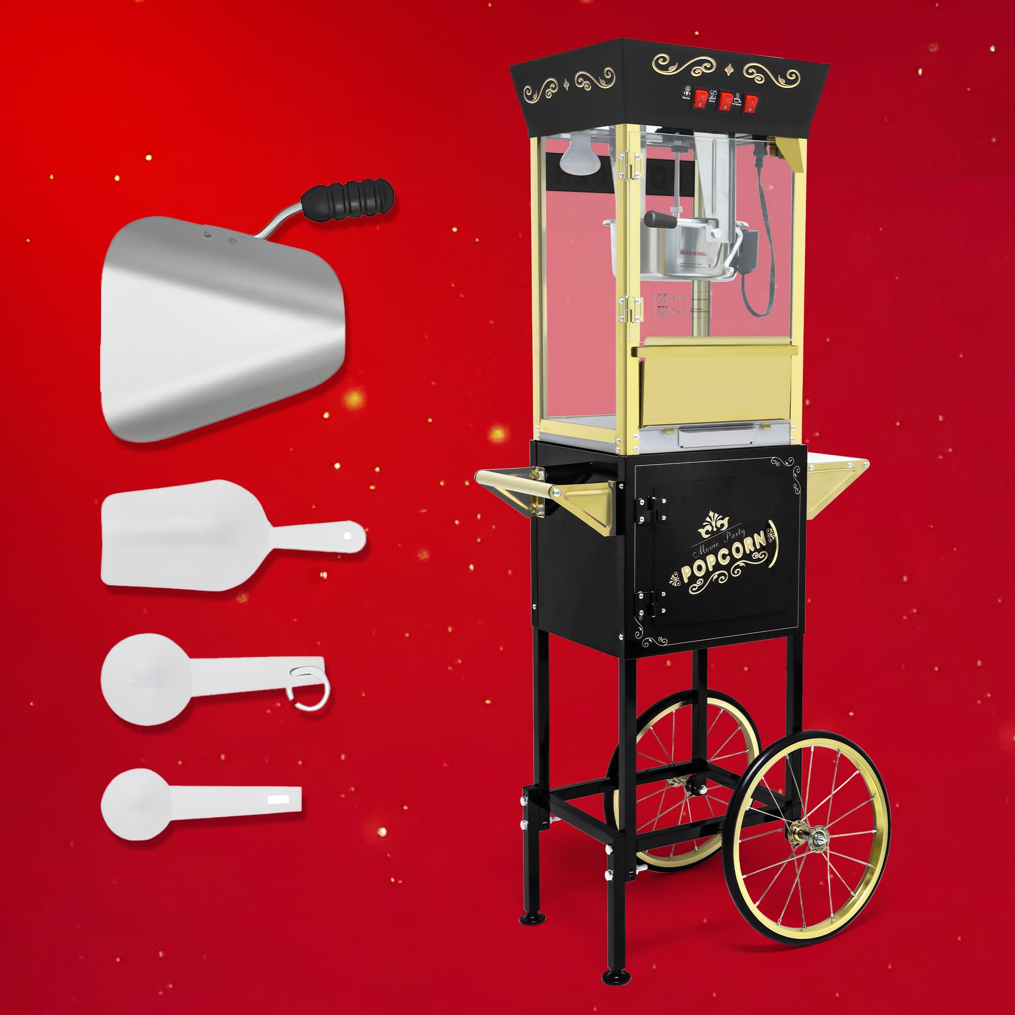 Montary 12 Oz Commercial Popcorn Machine with Cart,Vintage Style Popcorn maker Equipped with Popcorn Scoops, Heated Deck &amp; Storage for Home Movie House and Carnival,Black