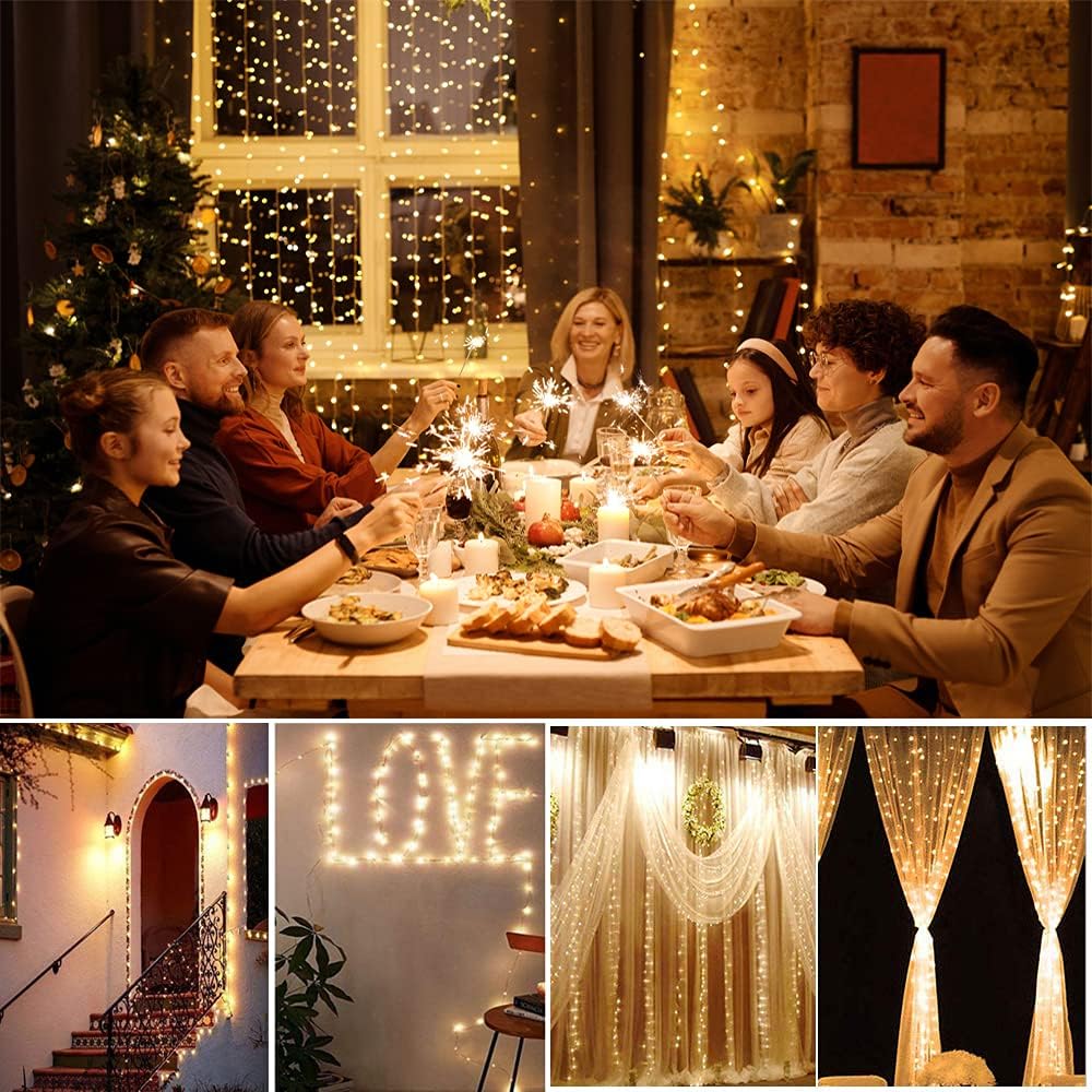 Yizhet 300 LED Window Curtain String Lights 9.8 x 9.8ft LED Curtain Lights 8 Lighting Modes Indoor Outdoor Wall Decorative Christmas Lights for Wedding Party Garden Bedroom Decorations (Warm White)