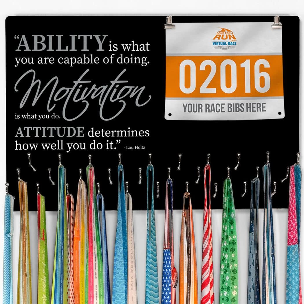 Gone For a Run Hooked On Medals and Bibs | Medal Hanger and Bib Display Ability, Motivation, Attitude | Black