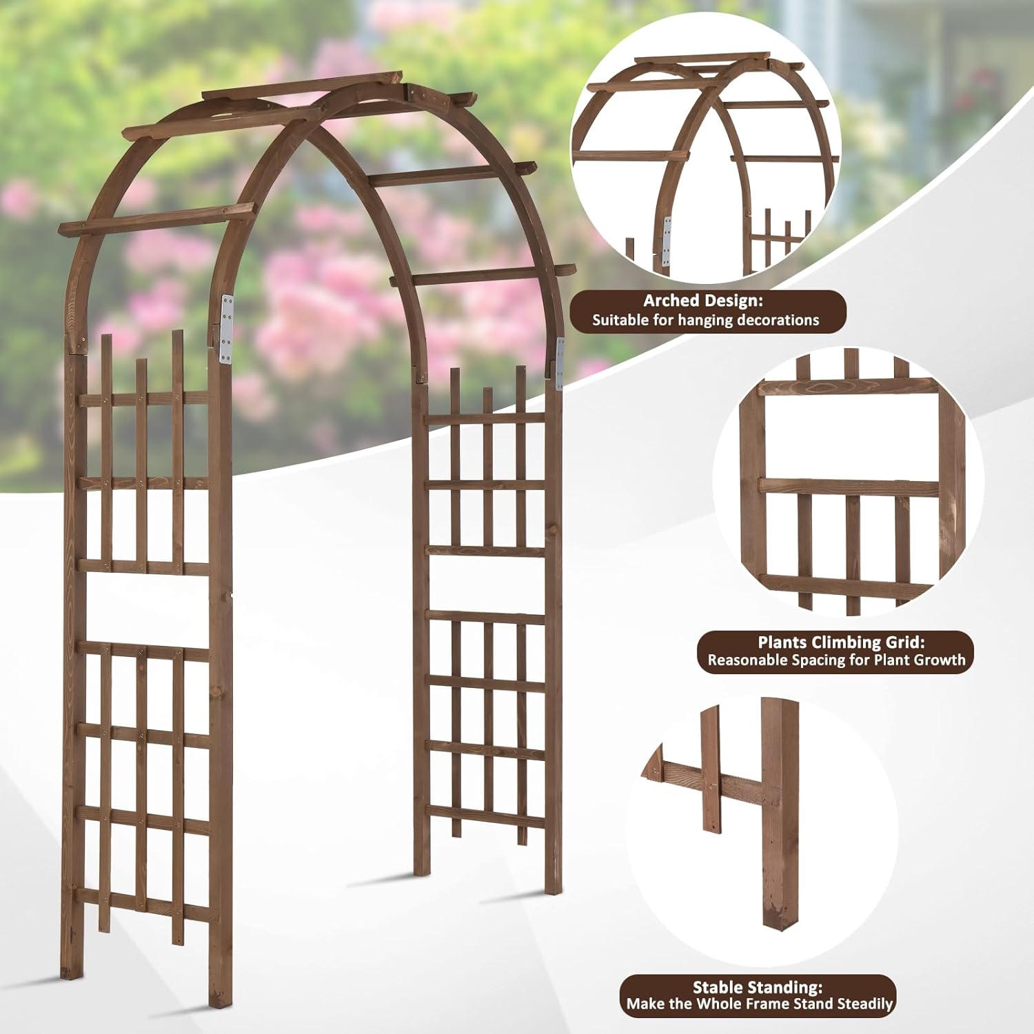 Diagram showing the arched design of the VINGLI Wooden Garden Arbor, its plant climbing grid, and stable standing features.
