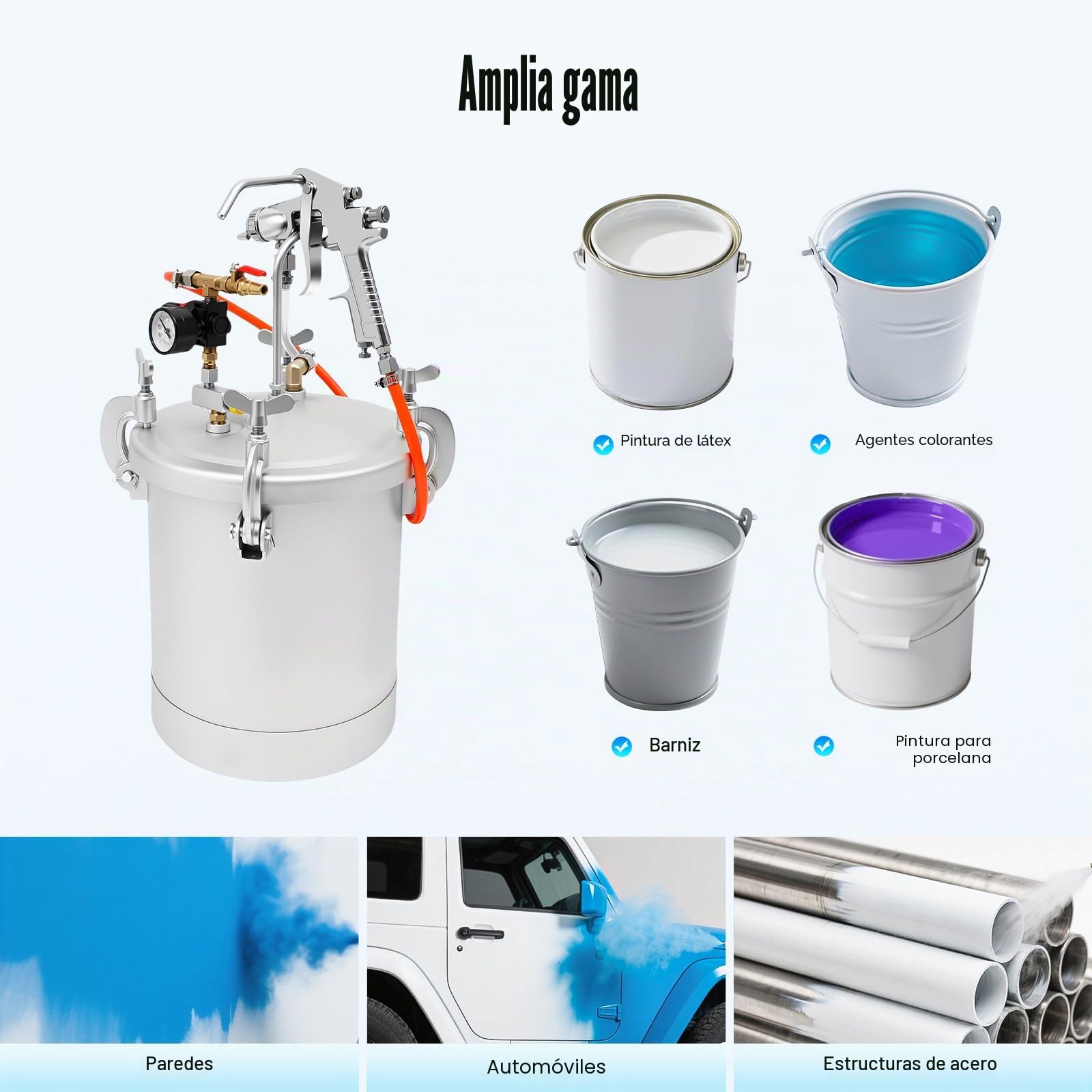 Pistola de pintura de 10 l, depósito a presión con pistola de pintura, depósito de pintura de aire con barómetro y boquilla de 3 mm, olla de presión para aplicar pintura al agua, barnices, manchas