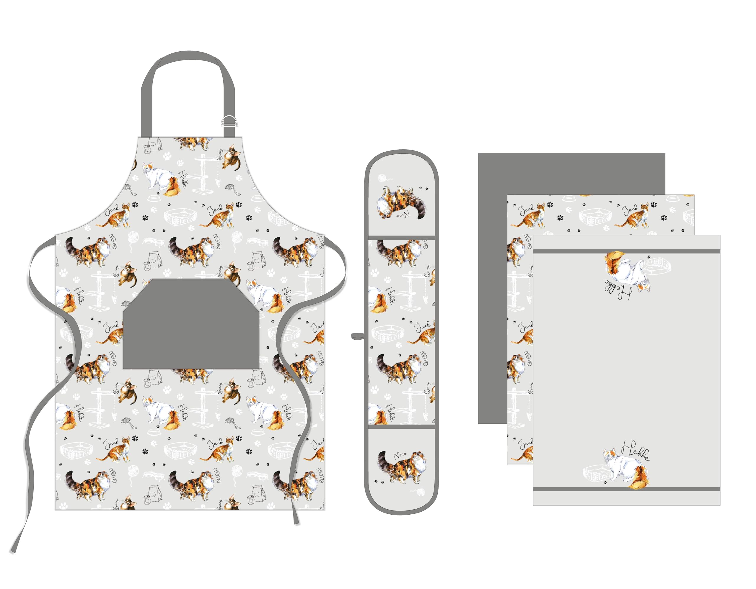 Premium Apron, Double Oven Gloves & Tea Towels Linen 5 Pcs Set (Cats)