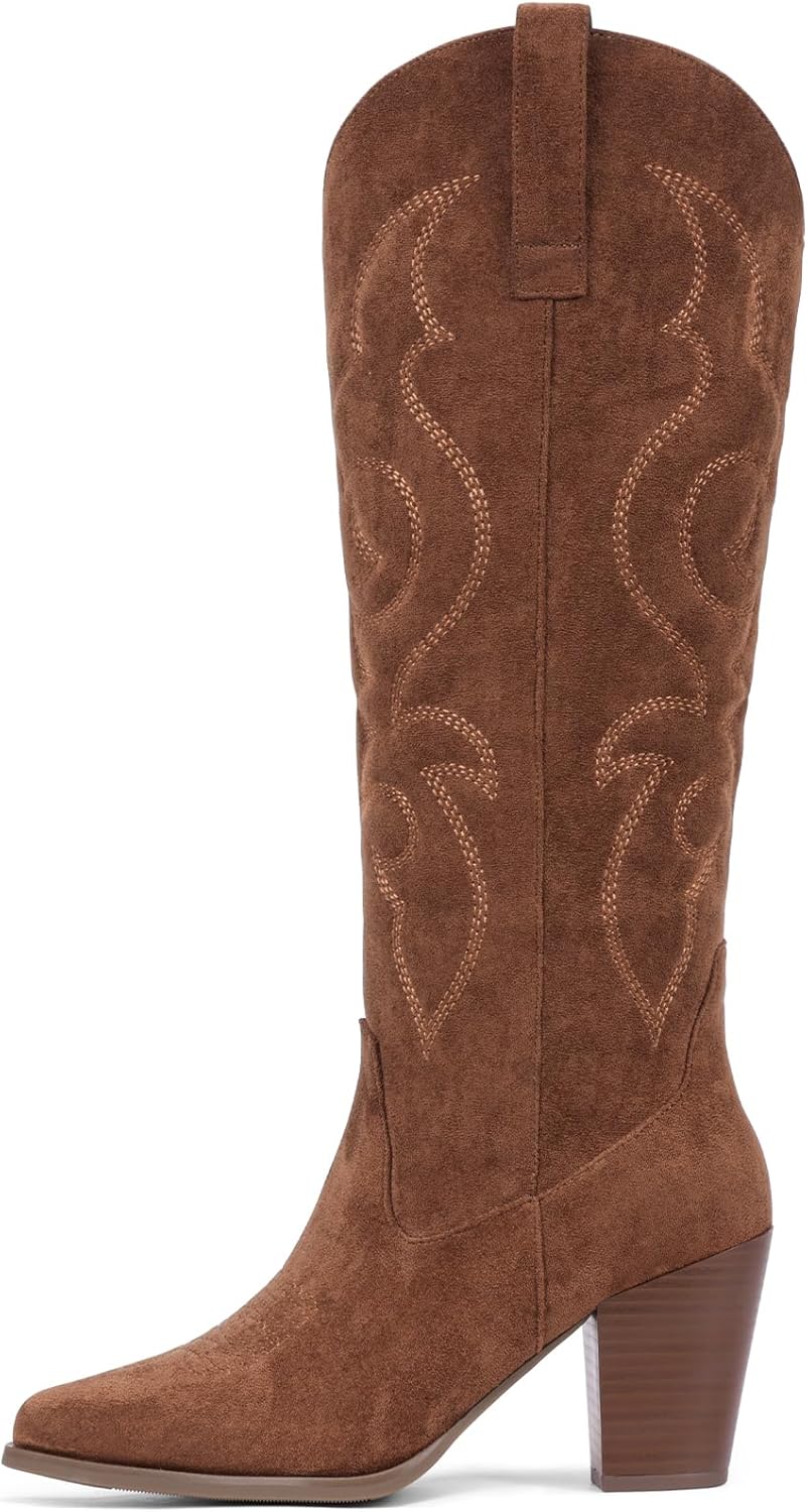 Pasuot Suede Cowboy Boots for Women - Western Knee High Cowgirl Boots with Side Zipper, Retro Pointed Toe Tall Block Heel Pull On Long Boot for Ladies Fall Winter Rodeos Concert Festival Daily - Image 4