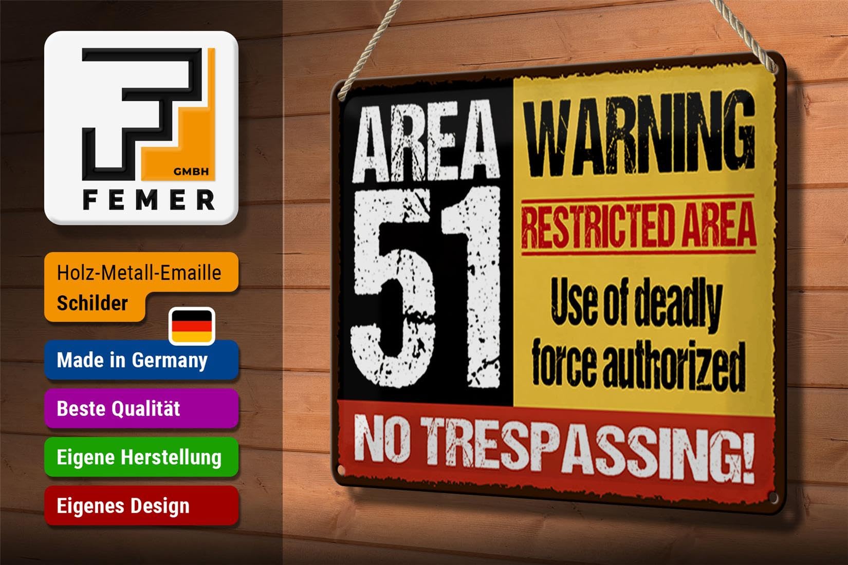 Femer Tabliczka blaszana sentencja 30 x 20 cm Area 51 Warning restrictes Area dekoracyjna tabliczka tin Sign