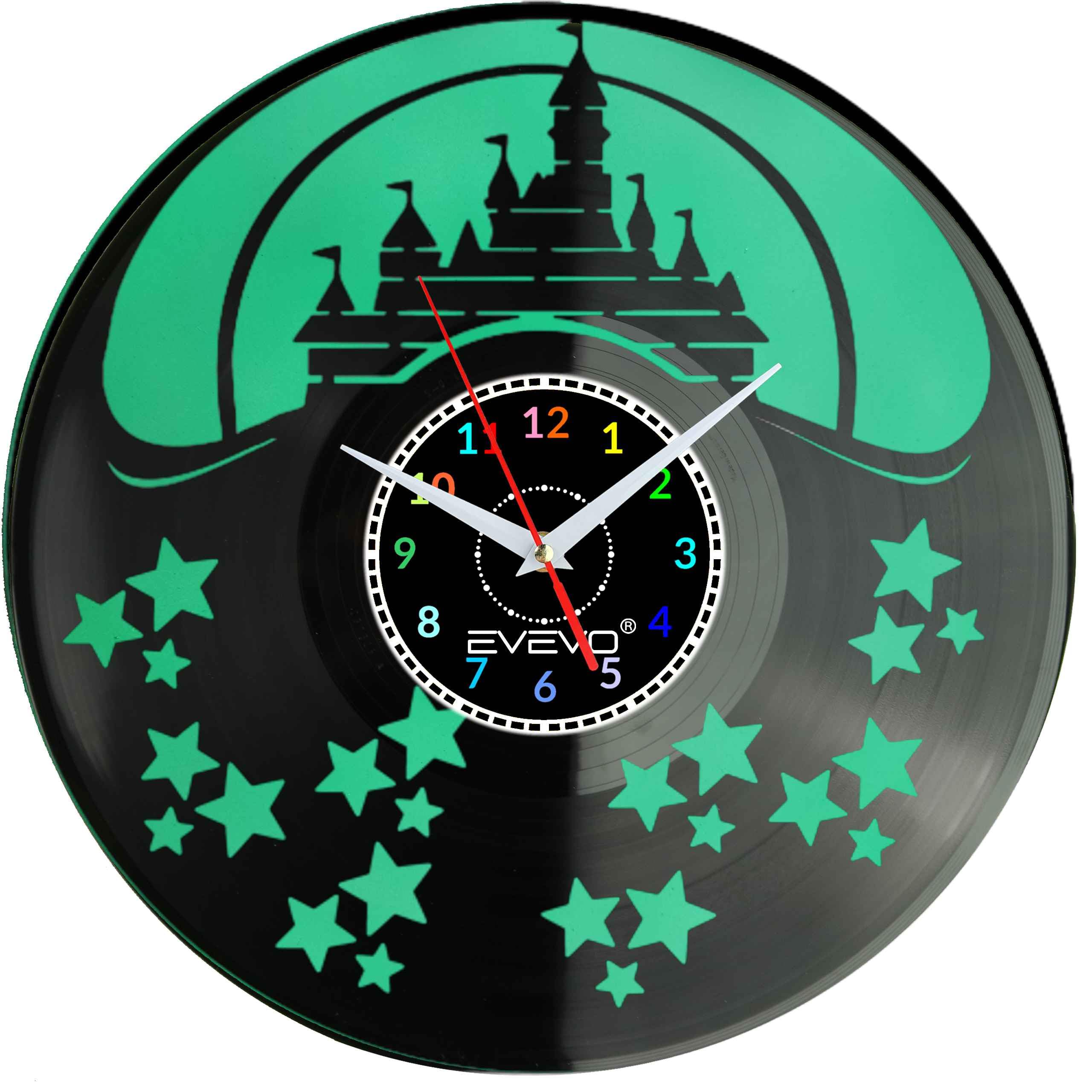 ZAMEK MYSZKI WALT DISNEY ZEGAR ŚCIENNY FLUORESCENCYJNE TŁO PŁYTA WINYLOWA PREZENT UPOMINEK URODZINY GIFT SOUVENIR EVEVO F0057