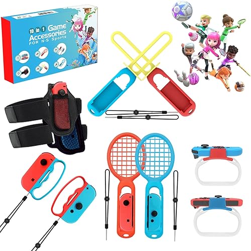 10 in 1 Switch Sports Accessories Bundle, FW ZONE Accessories Kit Family Sports Game Bundle with Game Sword, Tennis Rackets, Wrist Strap,Leg
