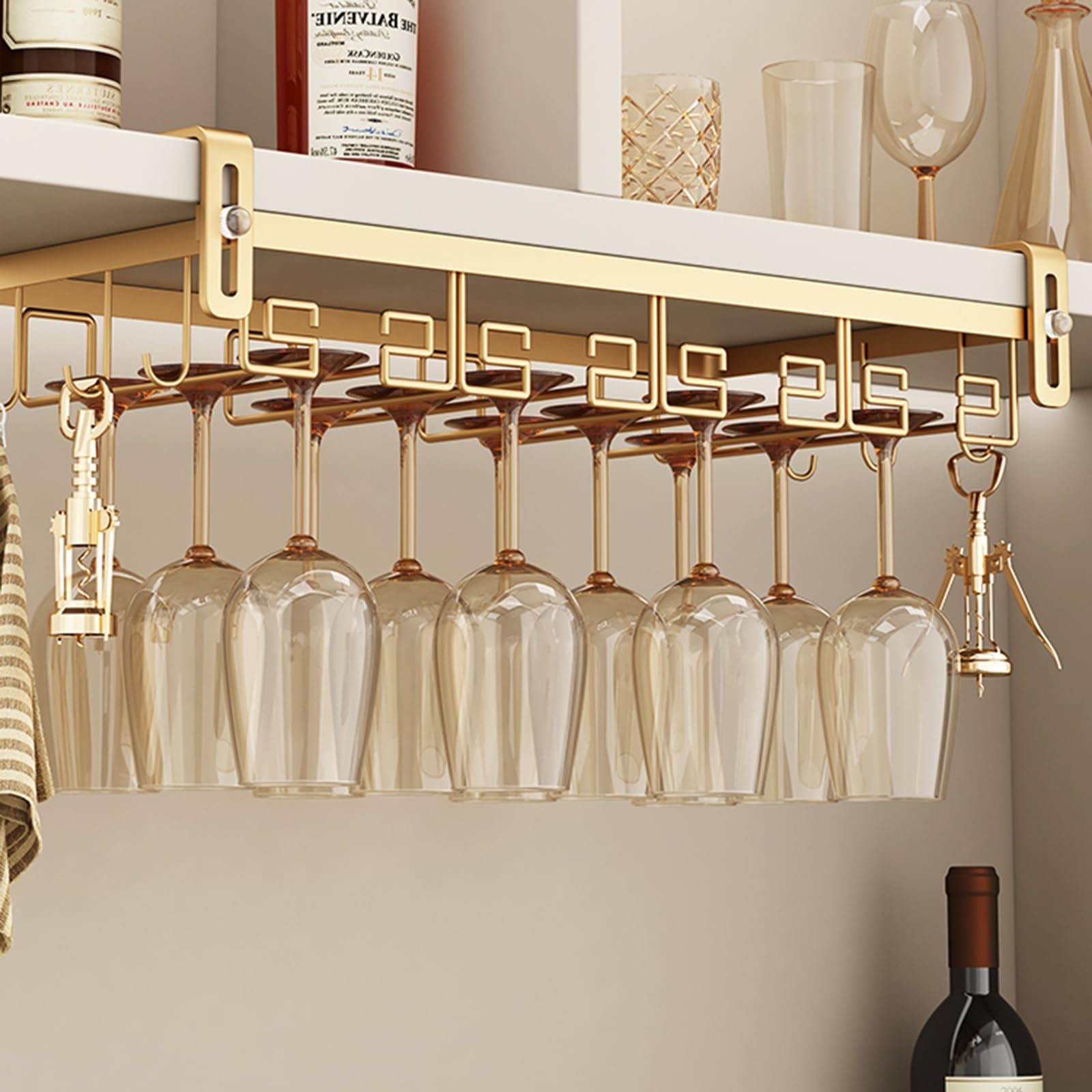 LUVEQLSIT Wine Glass Rack Under Cabinet, Nail Free Wine Glass Holder Under Liquor Shelf, Hanging Adjustable Stemware Storage Drying Hanger Organizer for Kitchen Cabinet Bar(44CM/17.3IN)