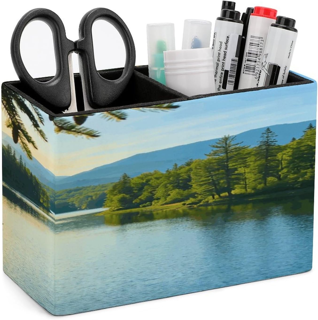 Natural Landscape PU Leather Square Pens Pencils Holder,Multifunctional Remote Control Eyeglass Holder Pencil Case Office Accessories Container Box for Desk Double Compartments