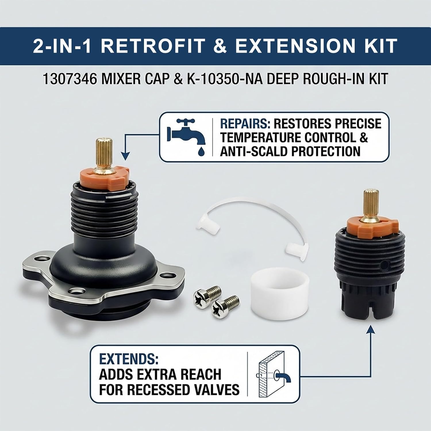 1307346 Mixer Cap Sp Kit & K-10350-NA Deep Rough-In Kit Compatible with Kohler Rite-Temp K-304 Series Valves, 2-in-1 Shower Extension & Retrofit Set Fit for Shower Valve Trim Upgrade