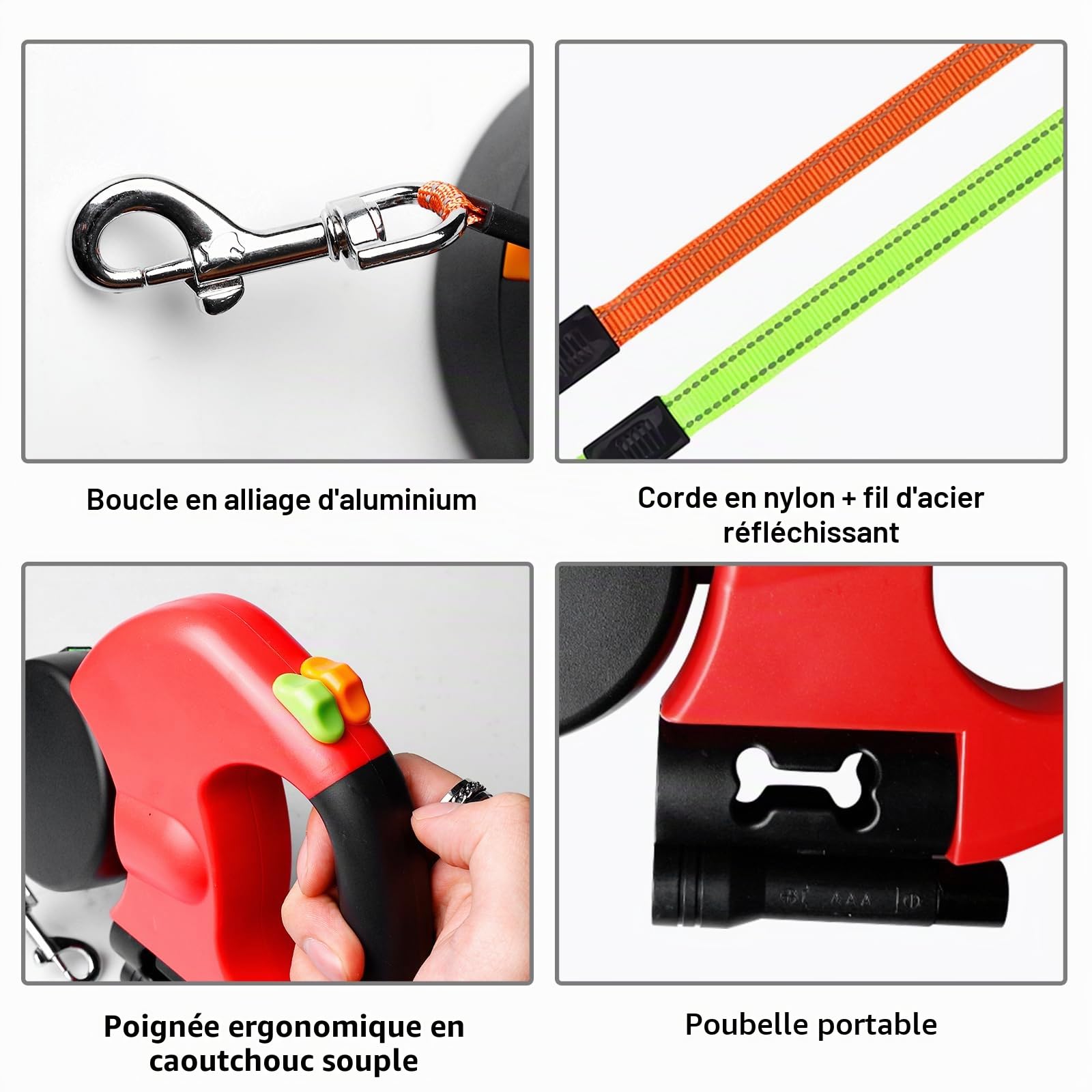 Laisse double pour 2 chiens - 3 mètres, laisse rétractable et extensible pour chiens avec fonction de lumière, poignée ergonomique et bobine