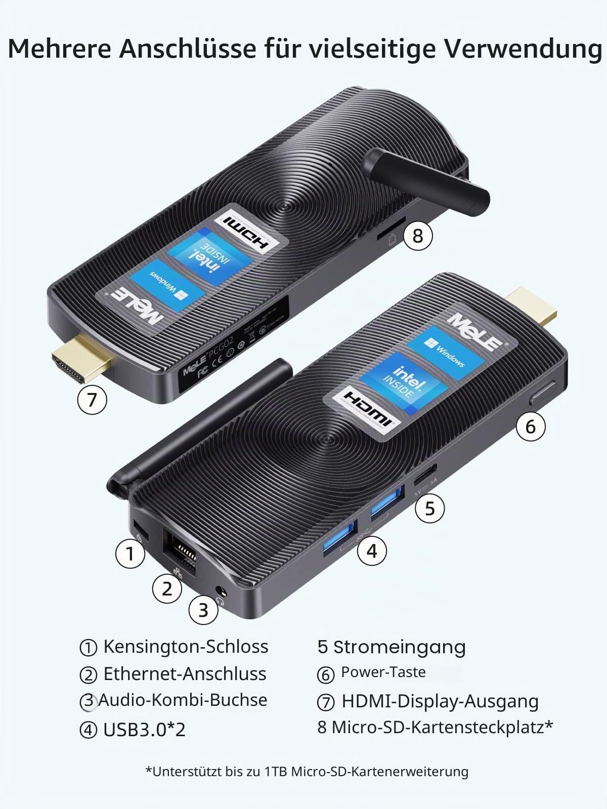 MeLE PCG02 Mini-PC-Stick Lüfterloser Celeron J4125, Kleiner Computer, Micro-PC, LPDDR4, Win11, HDMI 4K 60Hz, 2.4G/5G Wi-Fi 5, Gigabit Ethernet, BT 4.2, USB 3.0, Wake on LAN, PXE (8G/256G)