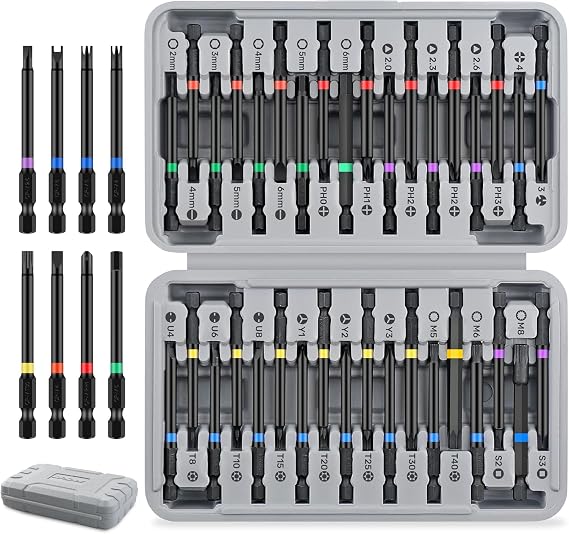 Hi-Spec 36pc Long Screwdriver Bit Set in a Case. 75mm Extended Driver Set with Security Torx, Square, XZN and Hex Bits