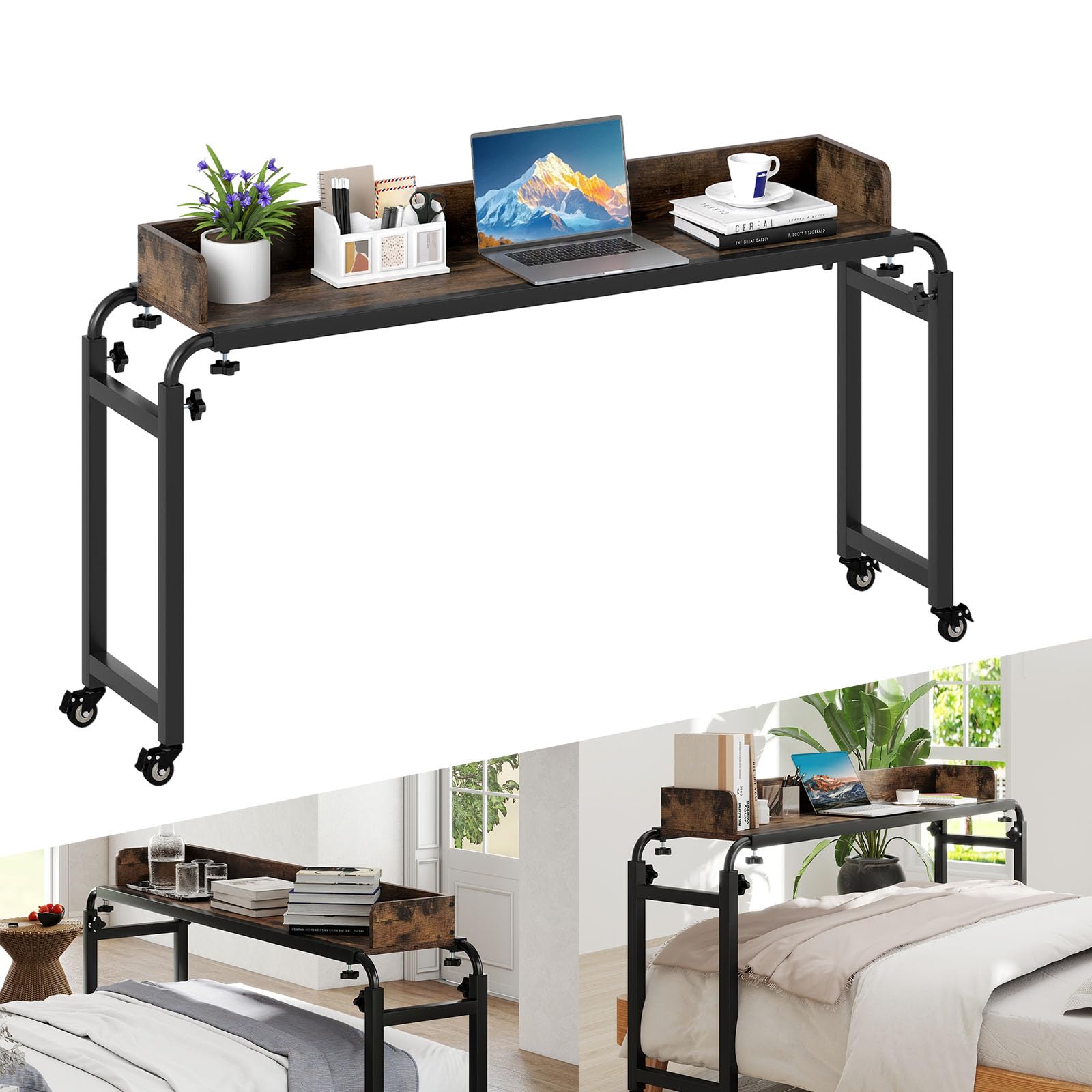 LIFEZEAL Scrivania, Tavolo Sopra Letto per Laptop, PC, con Ruote, 135,5-206x40x73,5-102cm, Max 75kg, Lunghezza e Altezza Regolabili, per Vari Letti, Carrello, Lungo, Stretto, Alto, Multiuso