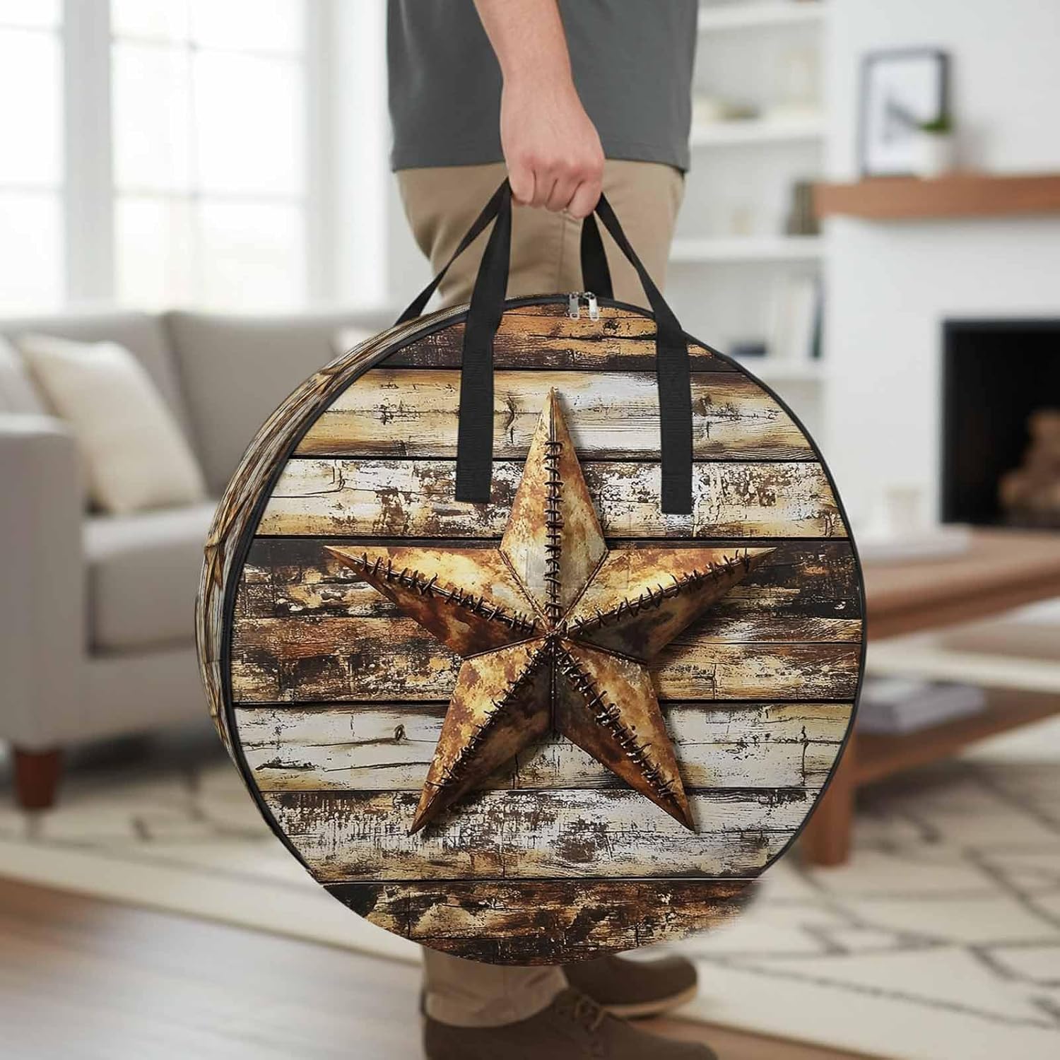 Retro Star Round Storage Bag 36 Inch, Country Texas Stars Worn-out Weathered Wood Clothes Storage Container with Handles Heavy Duty Organizer for Comforter, Bedding & Holiday Wreaths