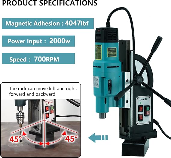 Magnetic Drill, 2000W High-power Mag Drill Press, 4047 lbf Mag Force, Variable Speed, Multifunctional Portable Electric Magnetic Drilling Machine
