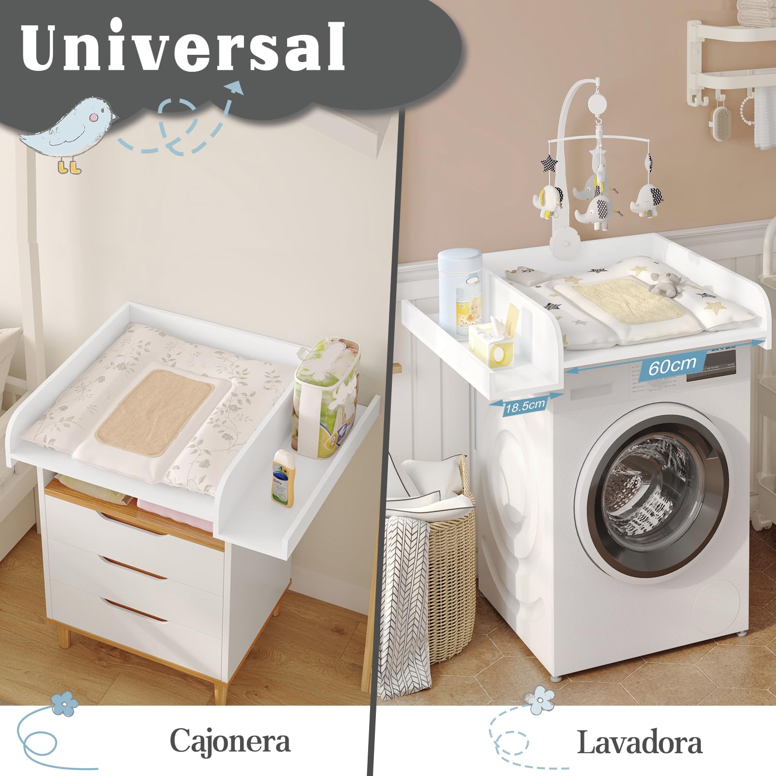 WOLTU Cambiador para Lavadora o Secadora, Tablero Cambiador de Madera con Bordes de Seguridad y Estante de Almacenamiento, Accesorio para Bebé 80x70x16,5 cm