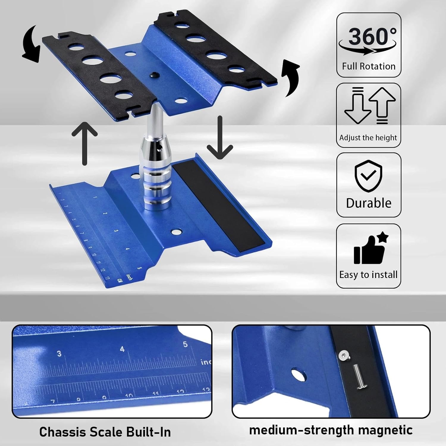 Rc Car Stand with Lit Lower Adjustable & 360'Rotatable, Rc Stand Repair Station with Shock Holder for TraxxasTRX4 Arrma Losi Axial Hsp Hbx Mix Wltoys, Wrenching On 1/8 1/10 1/12 1/14 Rc Rig Blue