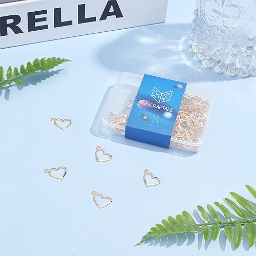 Miniatura 7 de UNICRAFTALE 100 dijes de corazón huecos dorados de acero inoxidable para San Valentín, con agujero pequeño de 0.039 pulgadas para hacer joyas de