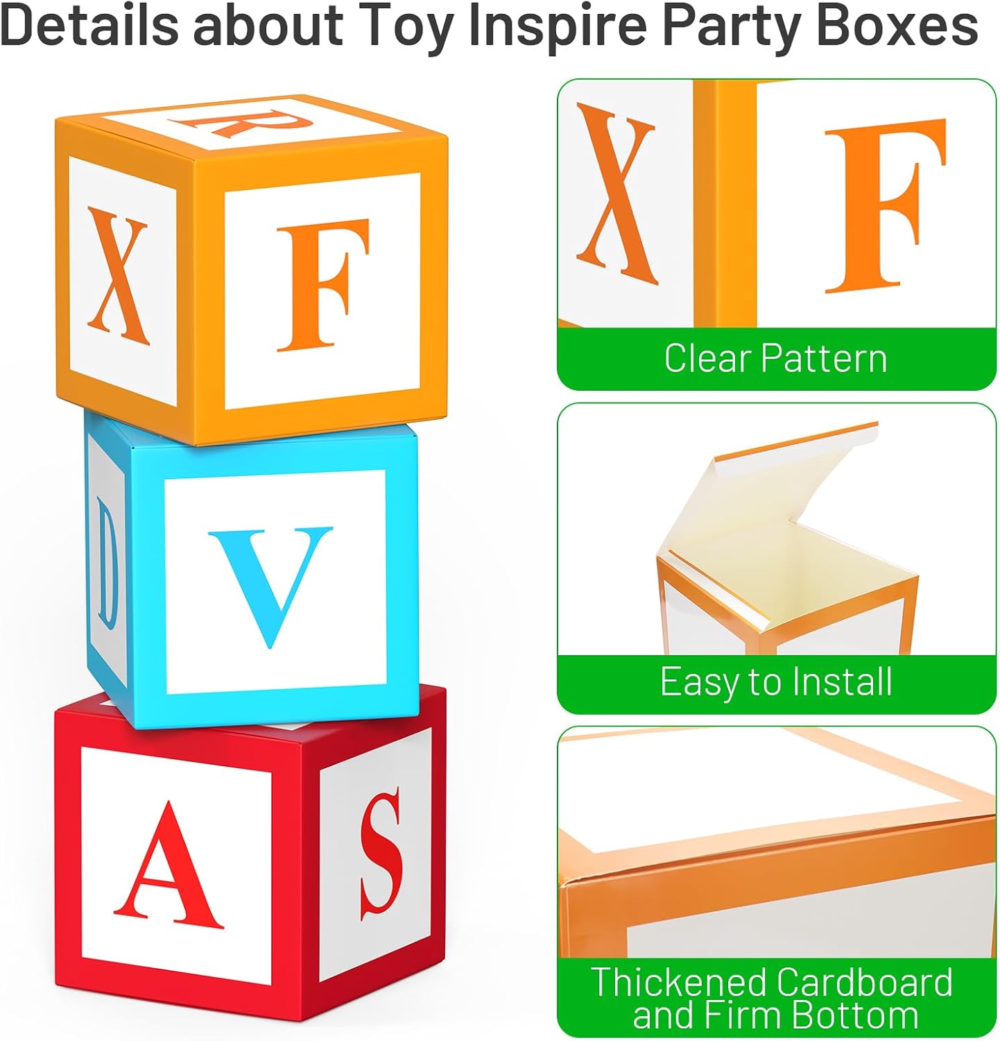 HYMENEX 6 Pcs Custom Letter Toy Inspire Party Boxes, Colorful Personalized Letter Boxes 11.8 x 11.8 Inch Party Favor Box with 52 Pcs Letter Cutouts for Birthday Photo Block Props School Decorations