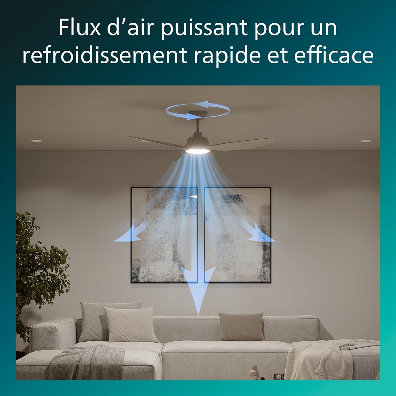 PHILIPS Ventilateur de Plafond à Pales Fixes avec LED, 3 Pales, 132 cm de Diamètre, 2650 Lumens, Lumière Blanche Réglable de 3000 à 6500 K, Variable jusqu'à 5%, avec Télécommande, Blanc/Bois
