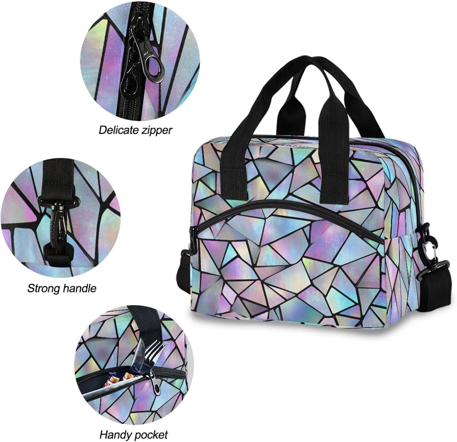 ALAZA Colorful Reflective Glitter Lunch Box for Men Women Adults Insulated Lunch Bag Cooler Bag with Adjustable Shoulder Strap for Work Picnic Travel