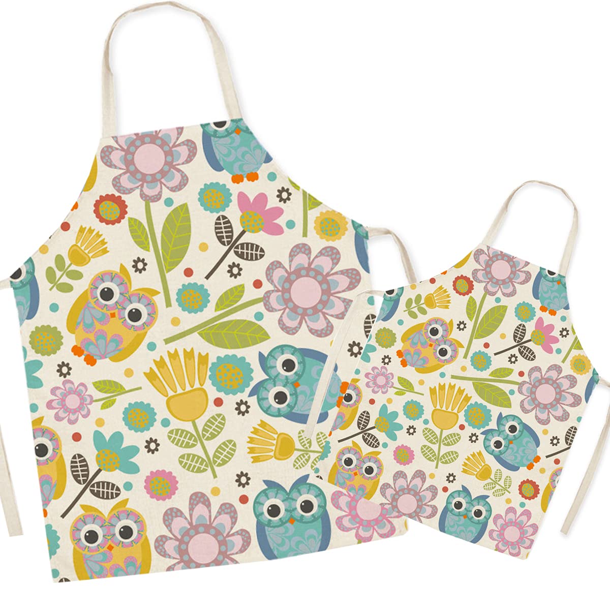 FOMAISELF Linen Parent and Child Apron, Cute Owl Pattern Matching Aprons for Mummy Son Daughter, Kitchen Apron for Cooking Baking Painting Party