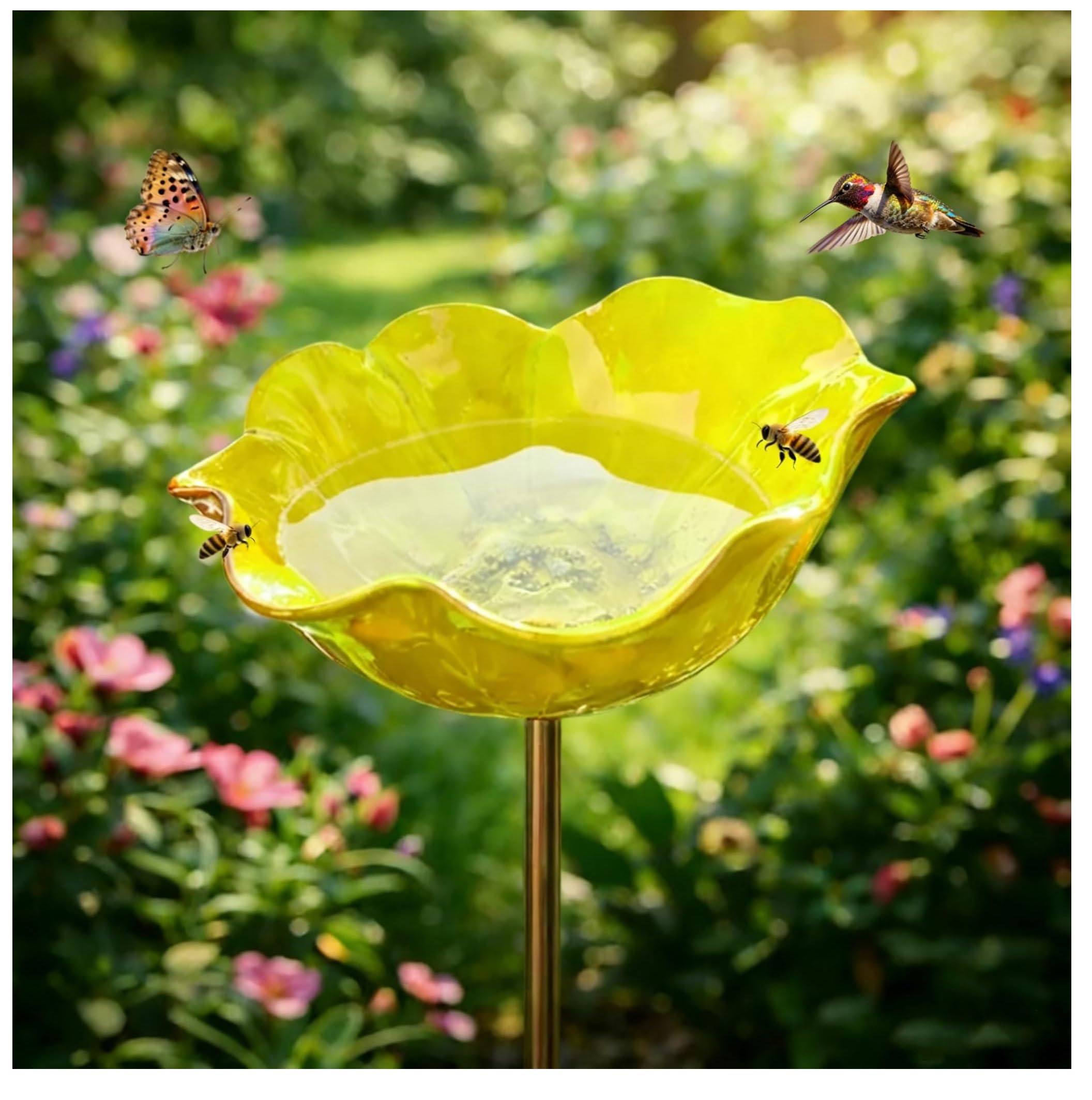 Handmade Metal Flower Garden Stakes Bird Bath Bee Watering Station for Garden Outside Pollinators Birdbaths Bowl, Yard Art Hummingbird Fountain Butterfly Water Feeder Gardens Bird Bath (E)