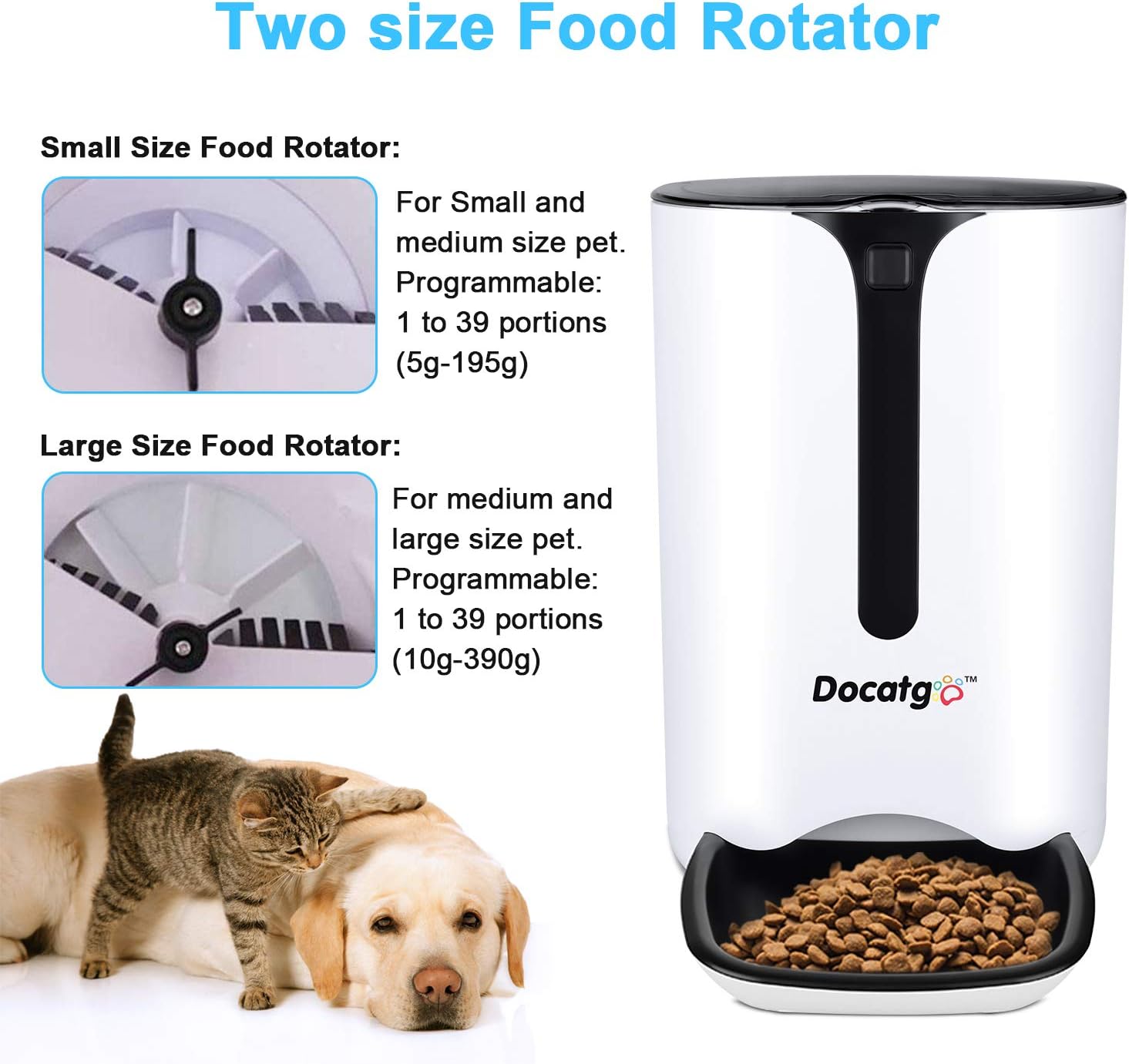 Docatgo Automatic Cat Dog Food Dispenser Feeder for Small Pets with Distribution Alarms, Portion Control, Voice Recorder and Programmable Timer for up to 4 Meals per Day