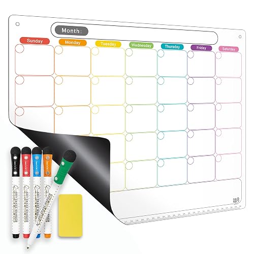 Magnetic Calendar for Fridge, Dry Erase Whiteboard Calendar Monthly Planner, 6-Week Layout, Easy to Clean, Extra-Thick Strong Magnetic Hold, Includes Dual-Magnet Markers & Eraser 43 x 33 cm - 16.9"x13" Monthly