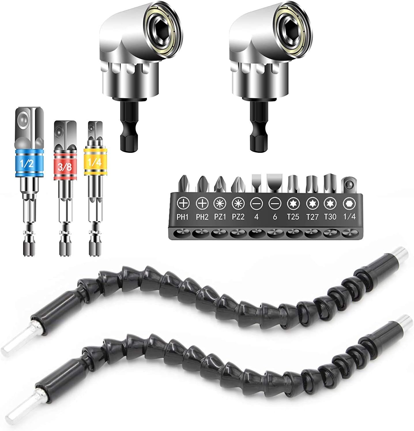 Drill Bit Holder, Flexible Drill Bit Extension with Screw,105°Right Angle Drill Adapter, 1/4 3/8 1/2" Universal Socket Adapter Set, Flexible Shaf Set Hand Tools Set (8PCS) - - 