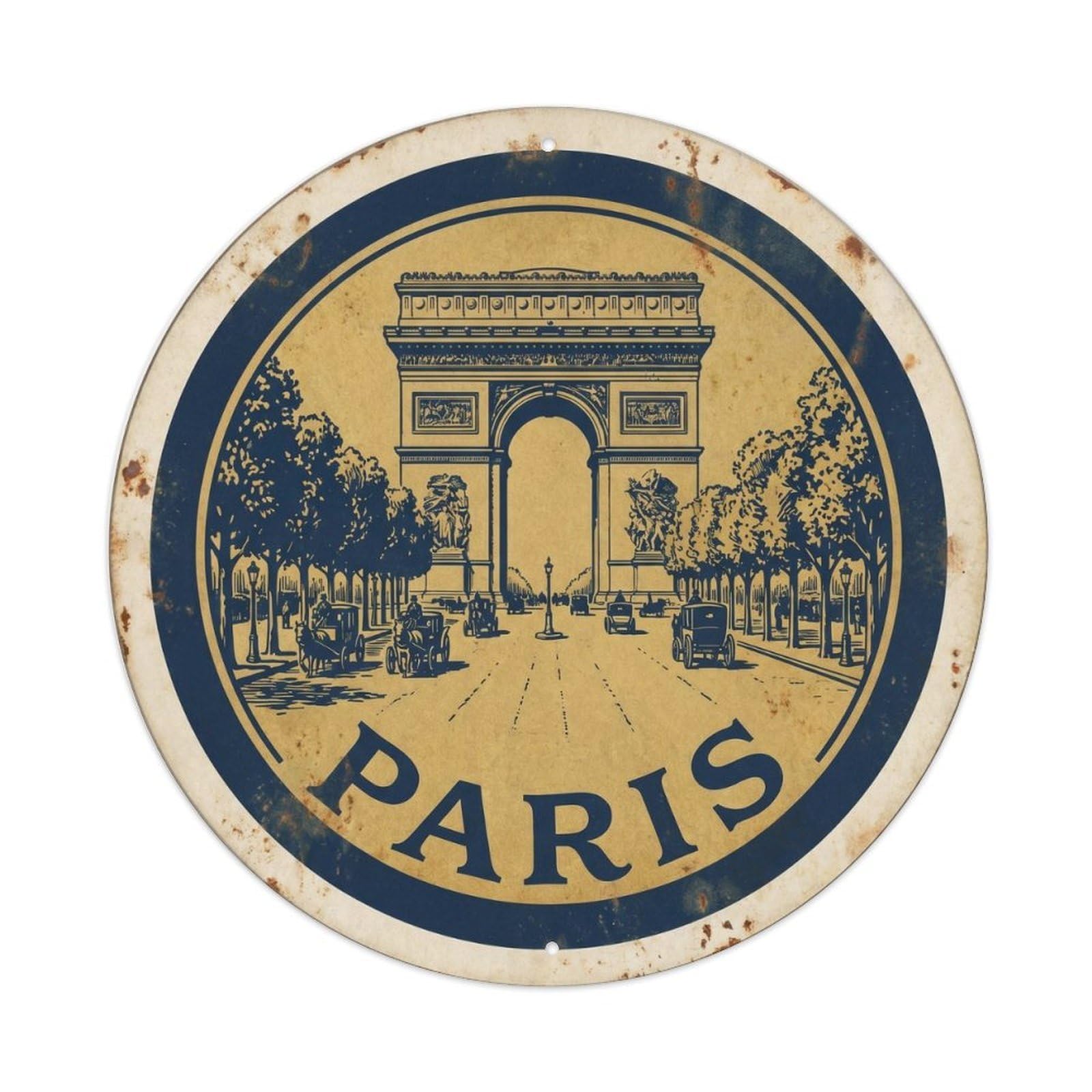 Vintage Travel Parisian Arc Triomphe 1 Metal Tin Sign Plaque Wall Decor for Cafe, Club Bar, Office, Home Garden Round Metal Poster 8x8Inch