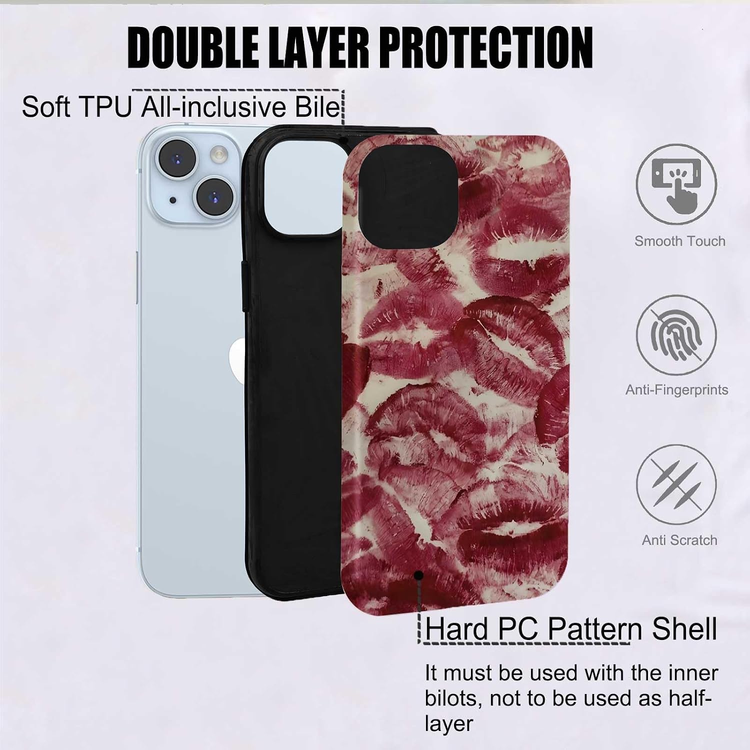 Cute Wine Red Lip Print Kiss Marks Aesthetic Phone Case for iPhone 13 Mini/12 Mini (5.4"), Shockproof Soft TPU & Hard PC Hybrid 2-Layer Protective Phone Cover for Teen Girls Women image 2