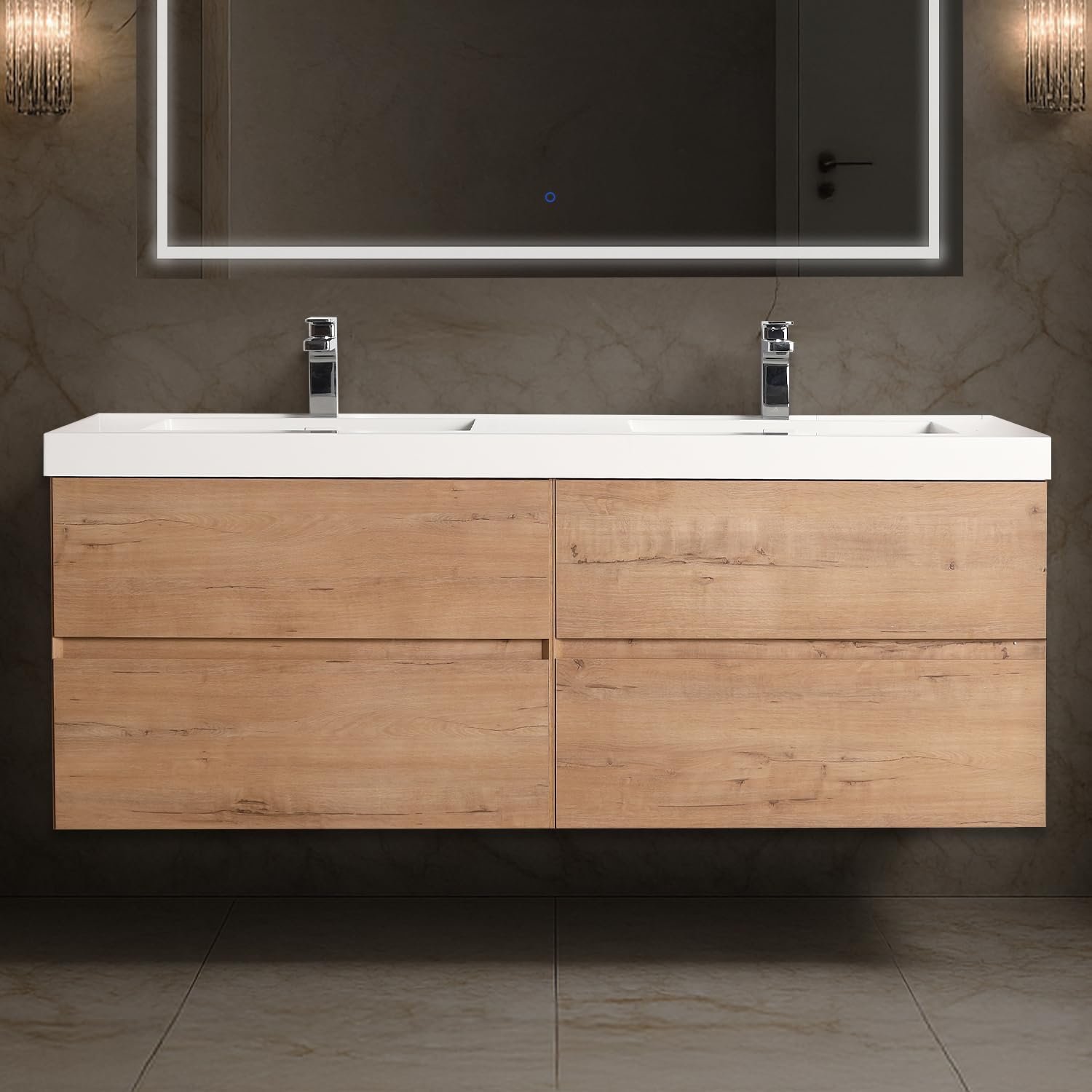 Blossom 60 Inch Double Sink Bathroom Vanity, All Wood Wall Mounted Floating Bathroom Vanity with Acrylic Sinks, Soft Close Drawers, Bathroom Storage