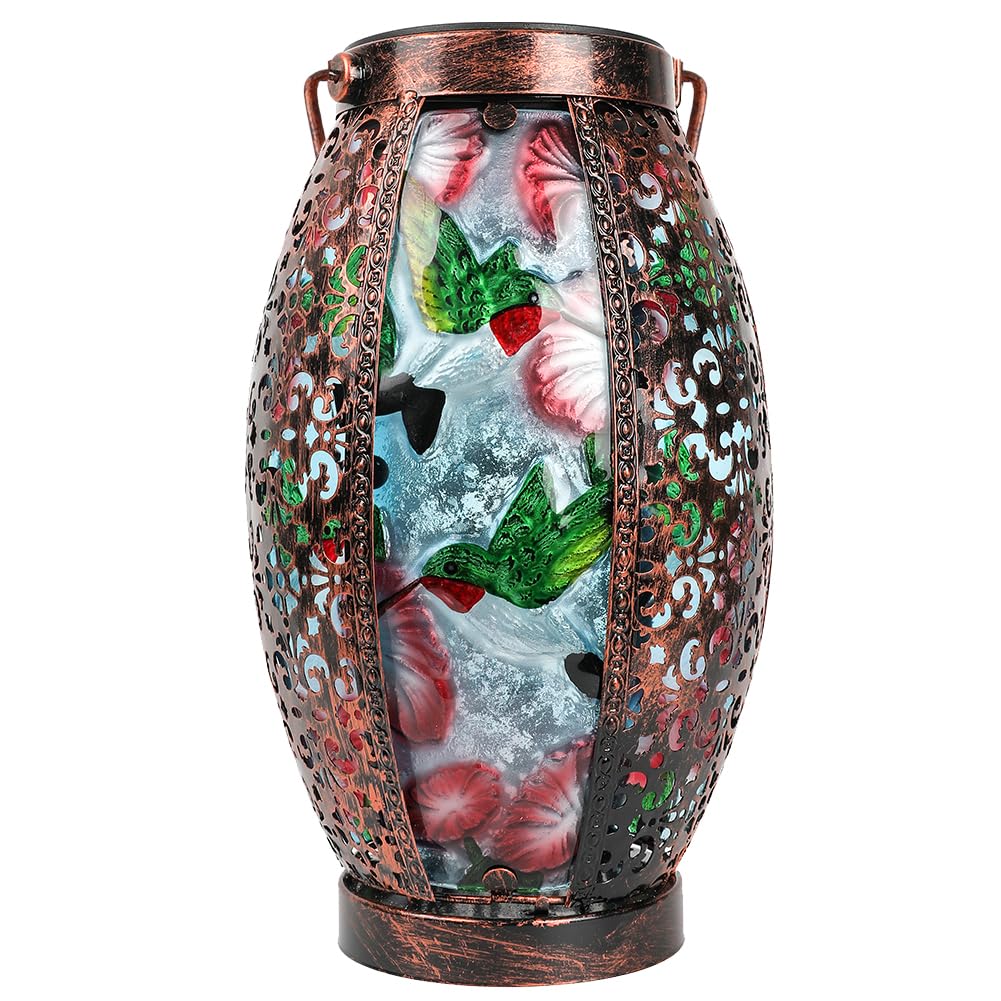 TEYIGARDEN Hummingbird Solar Lanterns Glass & Metal Hanging Lantern Outdoor Waterproof 16" H Tabletop Light with Hollowed-Out Design for Garden Patio