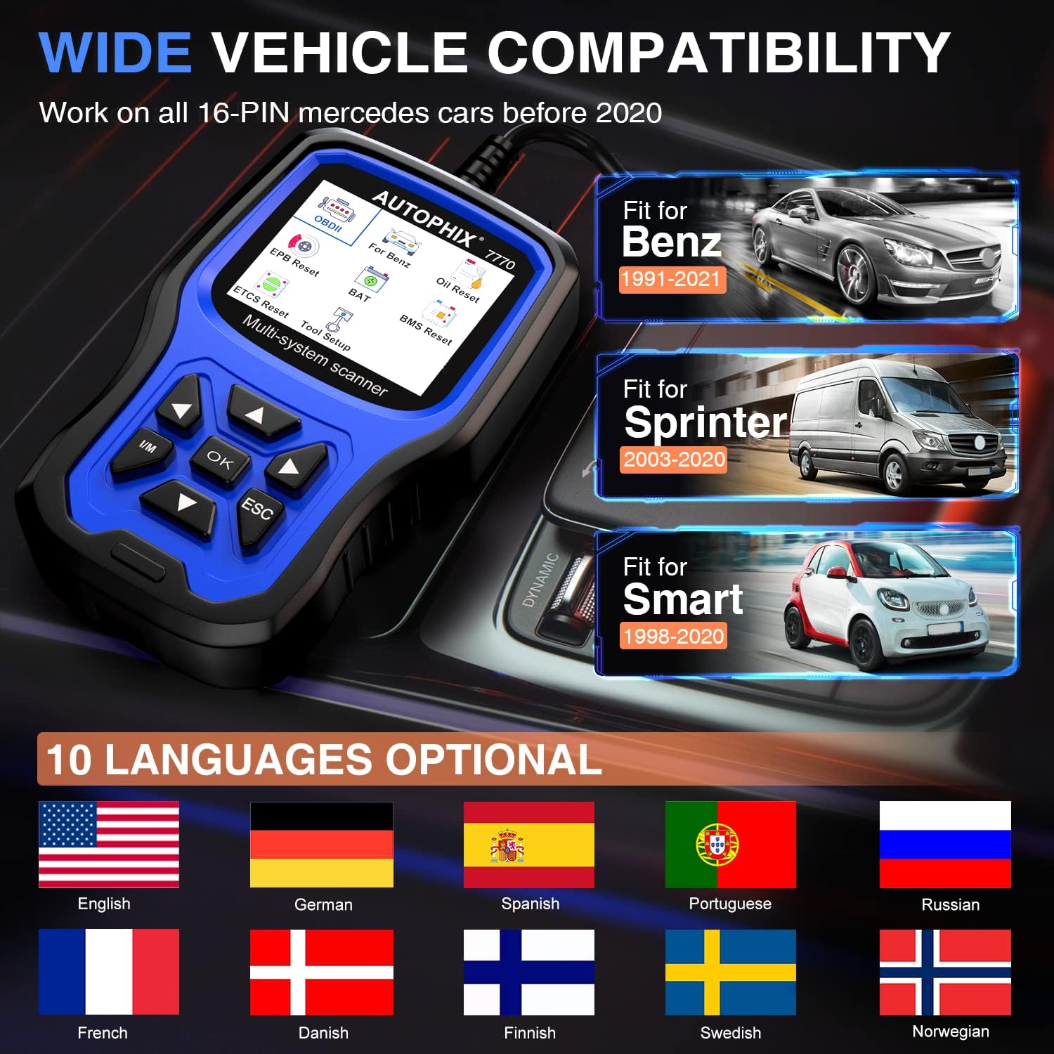 2023 Upgraded AUTOPHIX 7770 Full System OBD2 Scanner Fit for Mercedes Benz/Sprinter/Smart All Function Diagnostic Scan Tool with Battery Registration Oil ABS SAS EPB TPMS ETC ADblue Reset Code Reader