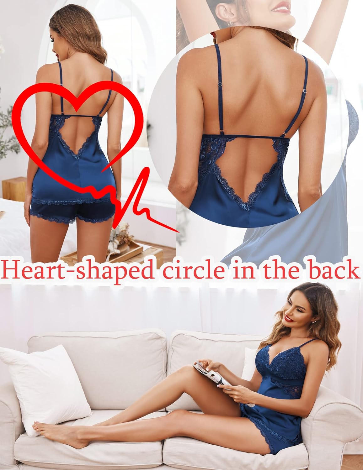 Avidlove Women Sleepwear Satin Pajamas Set Lace Camisole Shorts Nightwear - Image 5