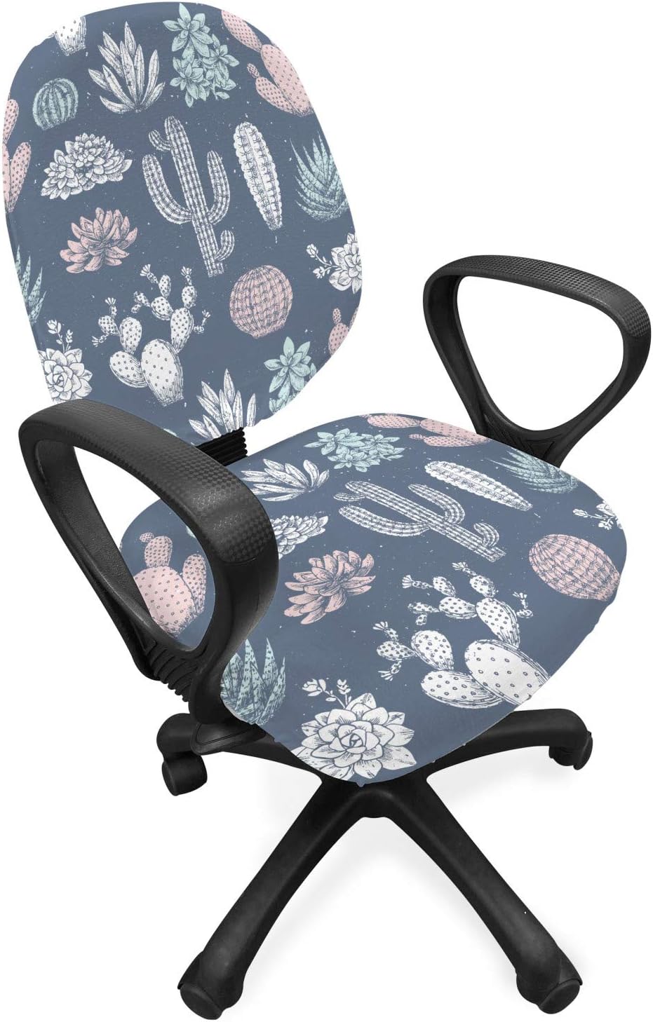 Lunarable Cactus Office Chair Slipcover, Grungy Vintage Pattern of Exotic Succulents and Cacti, Protective Stretch Decorative Fabric Cover, Blue Grey Blush