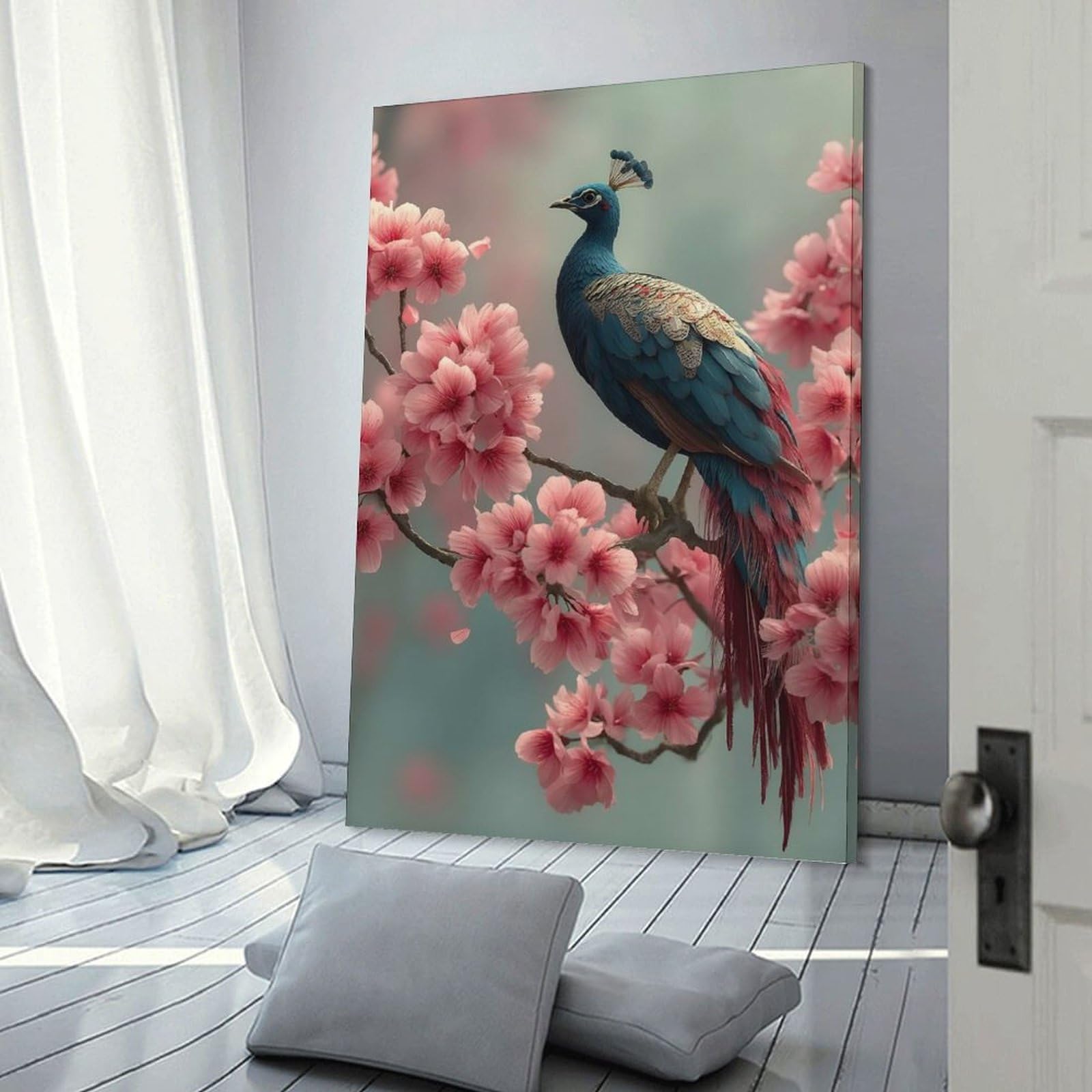 Junmoney Frame-Style-4 Hanging Wall Art Peacock Perched Among Cherry Blossoms, 20X30inch(50X75cm), For Entryway, Lounge Links Or Small Walls, A Neat Decor Update For Hallways