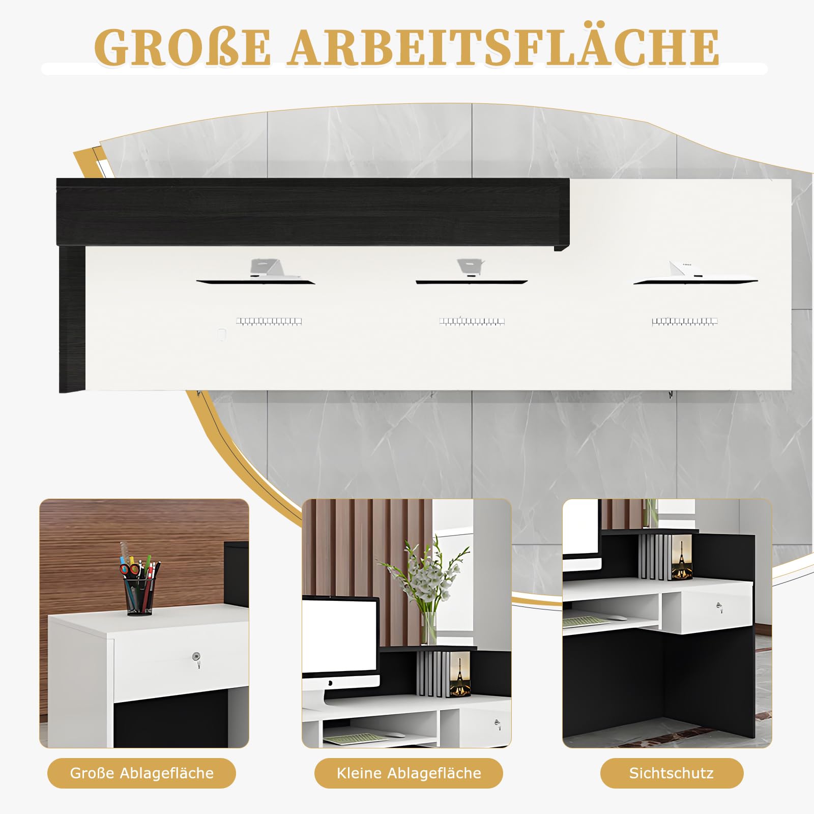 Empfangstheke mit Stauraum und offenen Fächern, Empfangstresen für Empfang, 100–240 cm Tresen für Geschäft, Salon, Studio, Empfangsbereich & Kasse