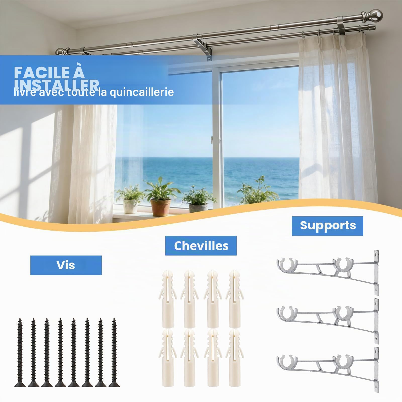 Double tringle à rideaux réglable de 2,5 cm pour porte coulissante en verre, terrasse, chambre à coucher, argenté - 76 à 218 cm