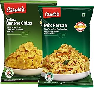 Chheda's - Yellow Banana Chips (350Gm) and Mix Farshan (300 Gm) | Banana Wafers | Indian Namkeen | Tasty Snacks | Ready to Eat - Combo Pack