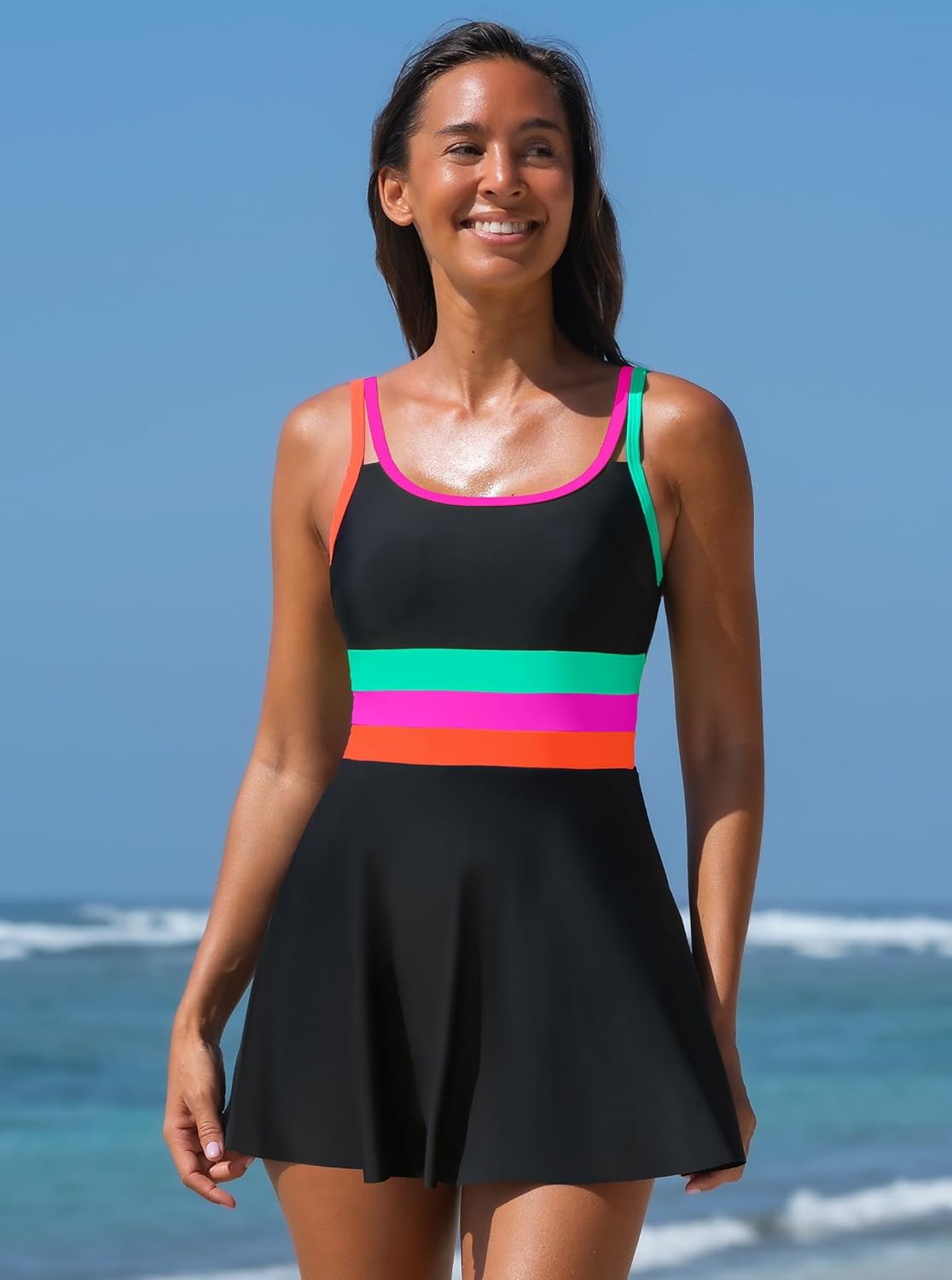 popvil Women One Piece Swimsuit 2026 Tummy Control Bathing Suit Neon Modest Swim Dress with Skirt Full Coverage - Image 5