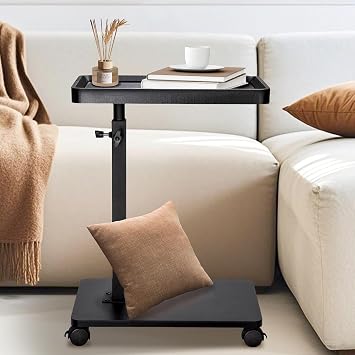 Side Table with Casters, Height-Adjustable Bedside Table, 360° Rotation, Sofa Table, Care Table, Height Adjustable, Easy to Move, Stable, Durable, Small, Space-Saving, L-Shape, Easy to