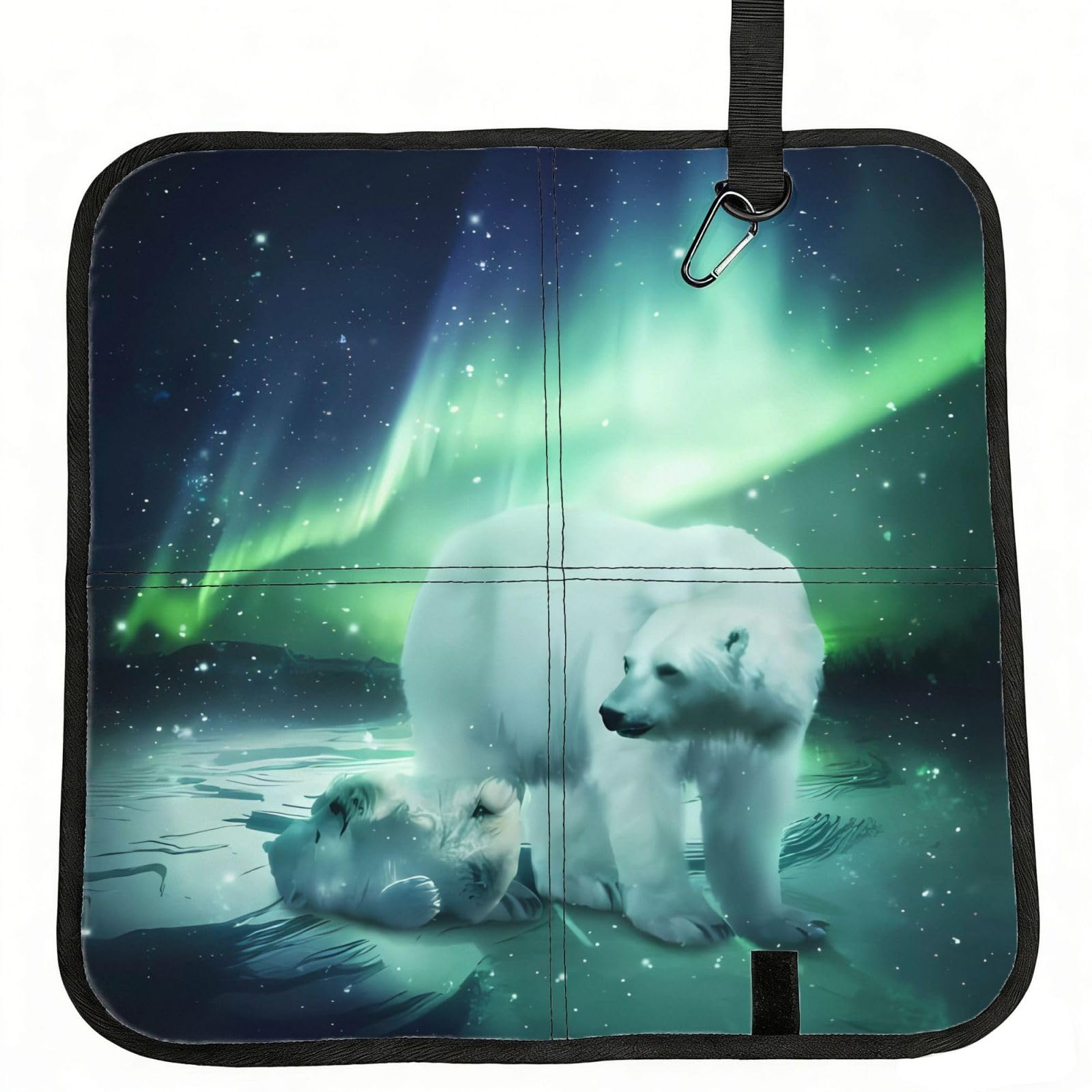 WBQLSL Northern Lights Bear Foldable Seat Cushion - Portable Stadium Pad with Carabiner for Camping Hiking Picnic Beach
