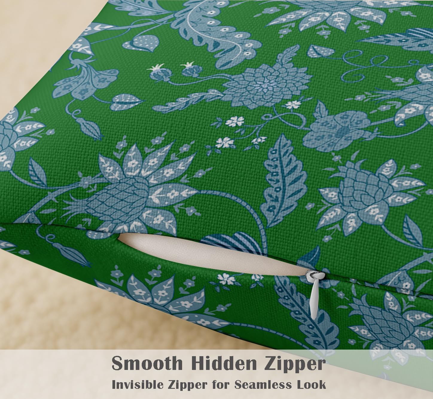 Set of 4 16x16 Cotton Cushion Covers - Decorative Reversible Pillow Covers with Concealed Zipper - Filler Not Included - Block Print, Green